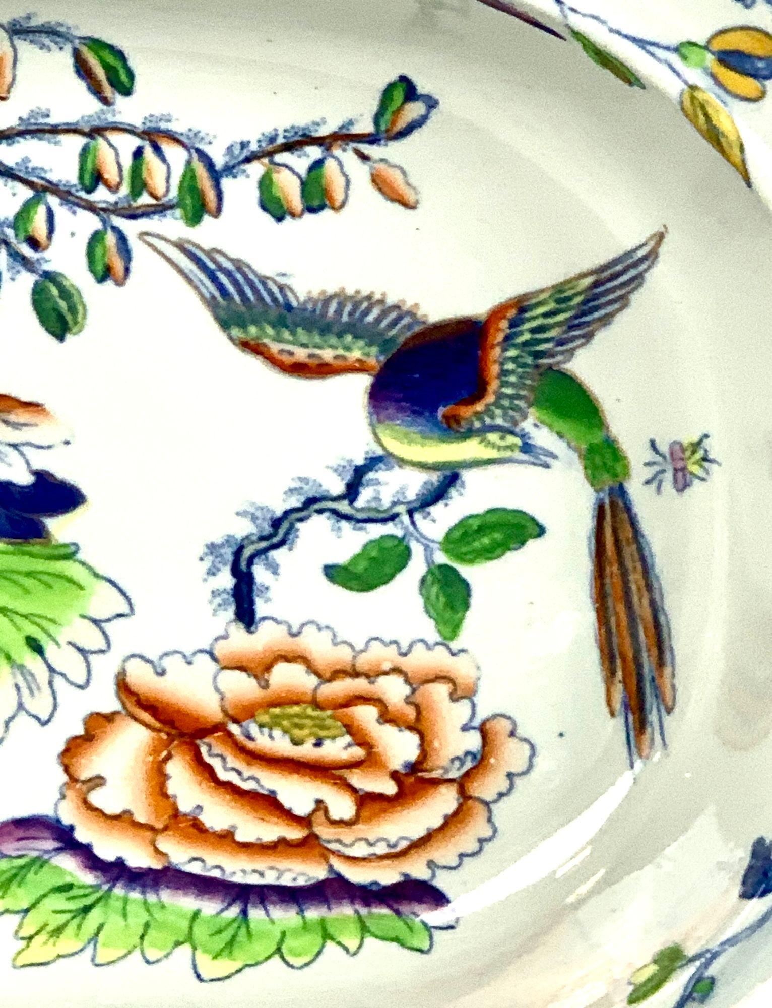 Chinoiserie Flying Bird Pattern Oval Bowl Made by Davenport Porcelain England Circa 1840 For Sale
