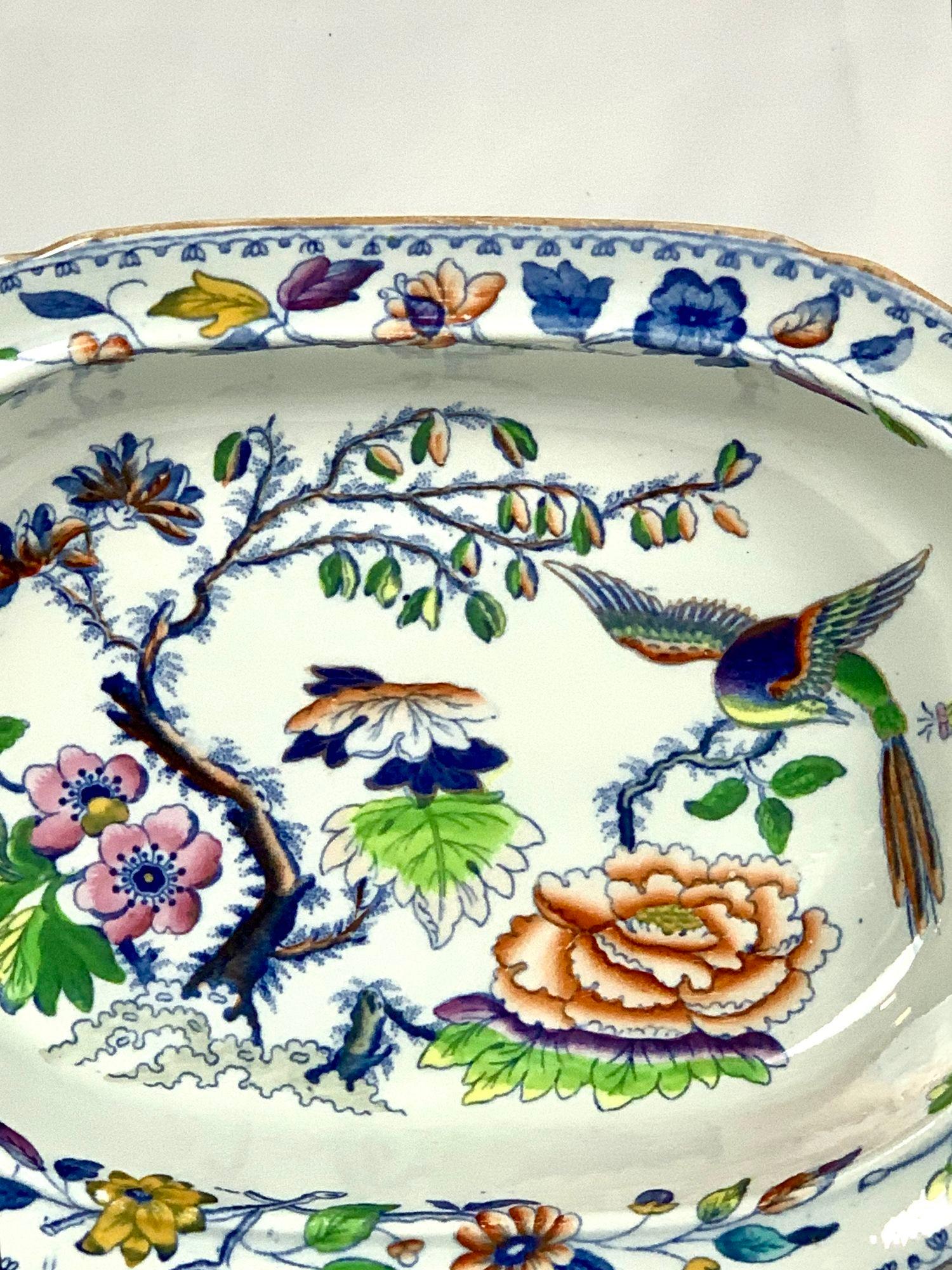 English Flying Bird Pattern Oval Bowl Made by Davenport Porcelain England Circa 1840 For Sale