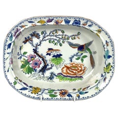 Antique Flying Bird Pattern Oval Bowl Made by Davenport Porcelain England Circa 1840
