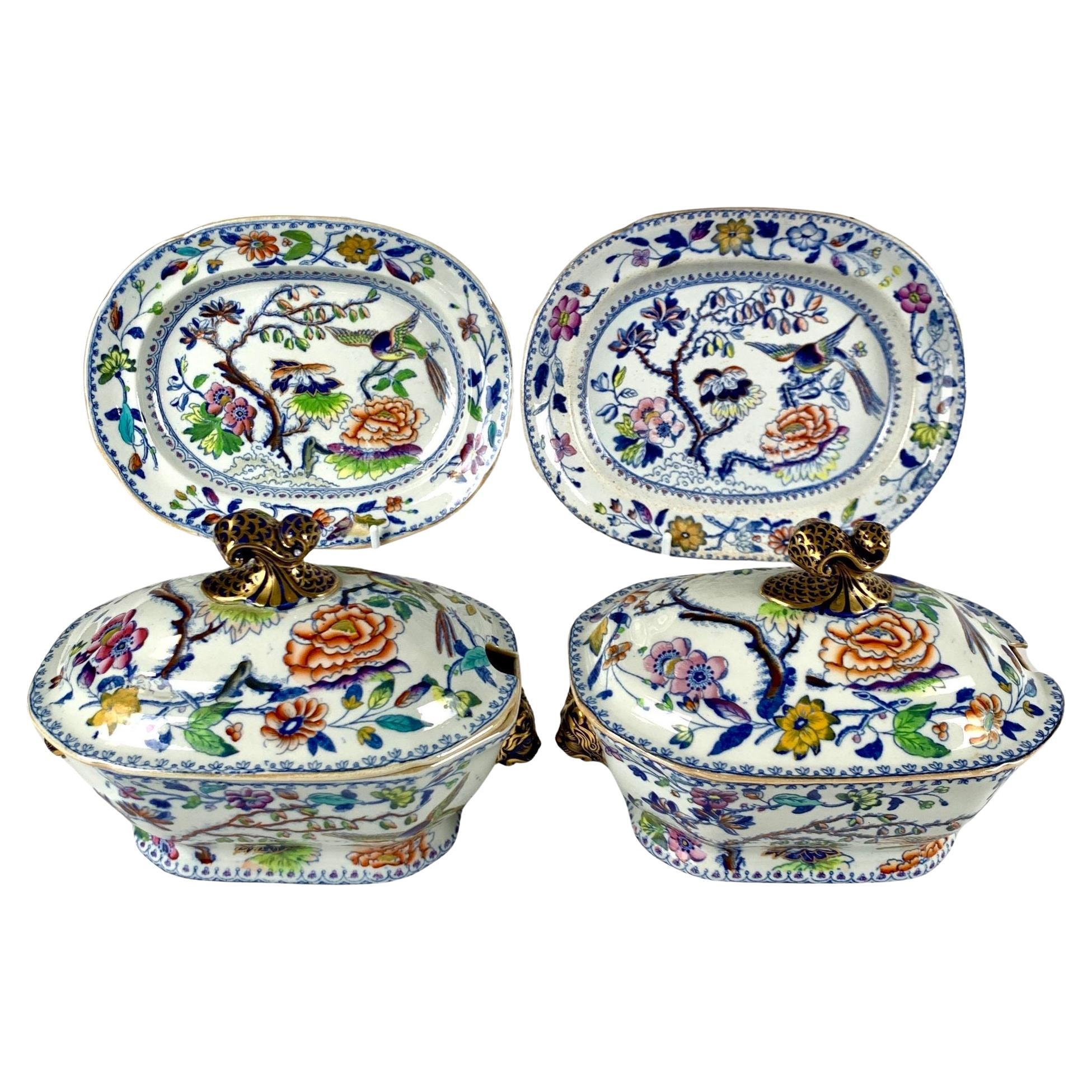 Flying Bird Pattern Pair of Small Tureens Davenport England Circa 1815