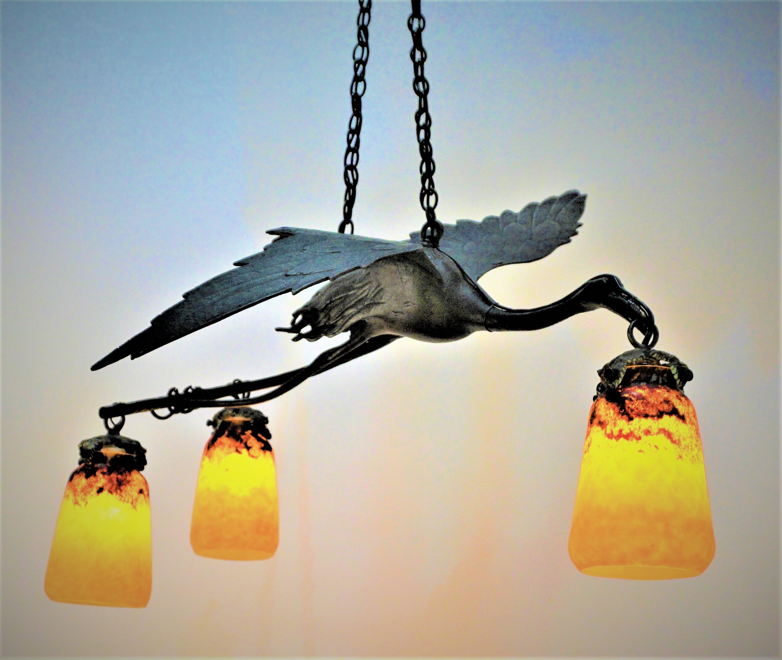 French Flying Bronze Bird Chandelier, Art glass by Daum Nancy