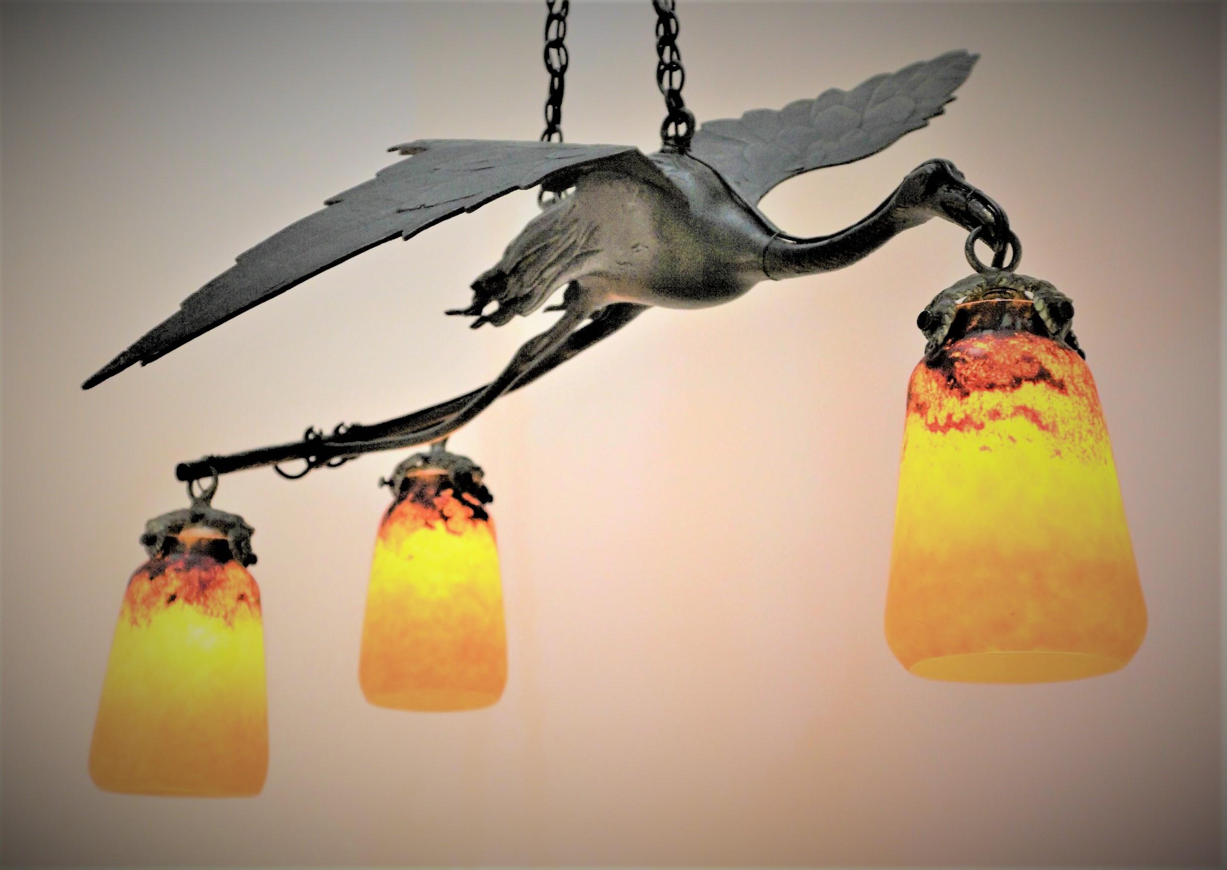 Flying Bronze Bird Chandelier, Art glass by Daum Nancy 1