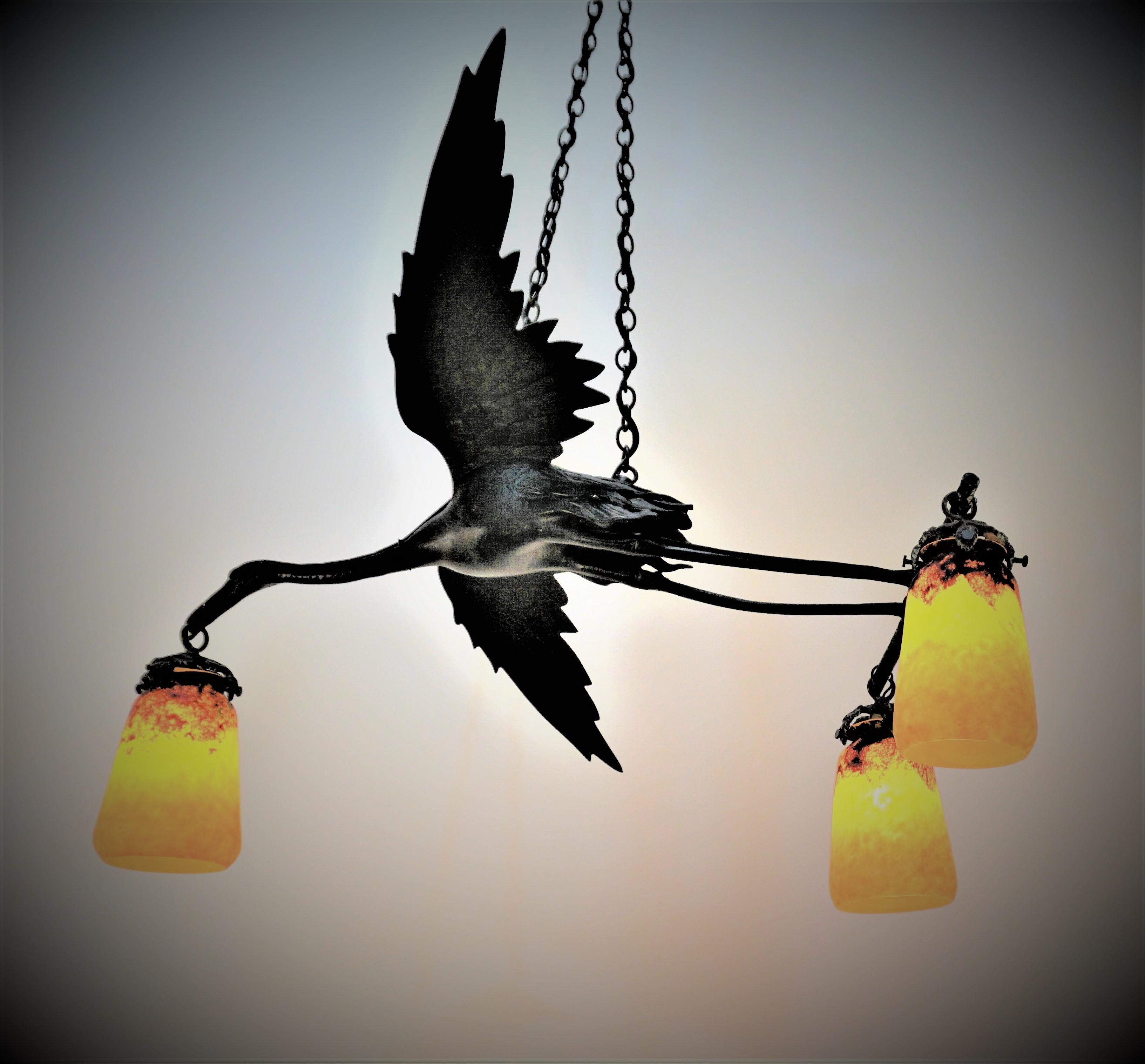 Flying Bronze Bird Chandelier, Art glass by Daum Nancy 3