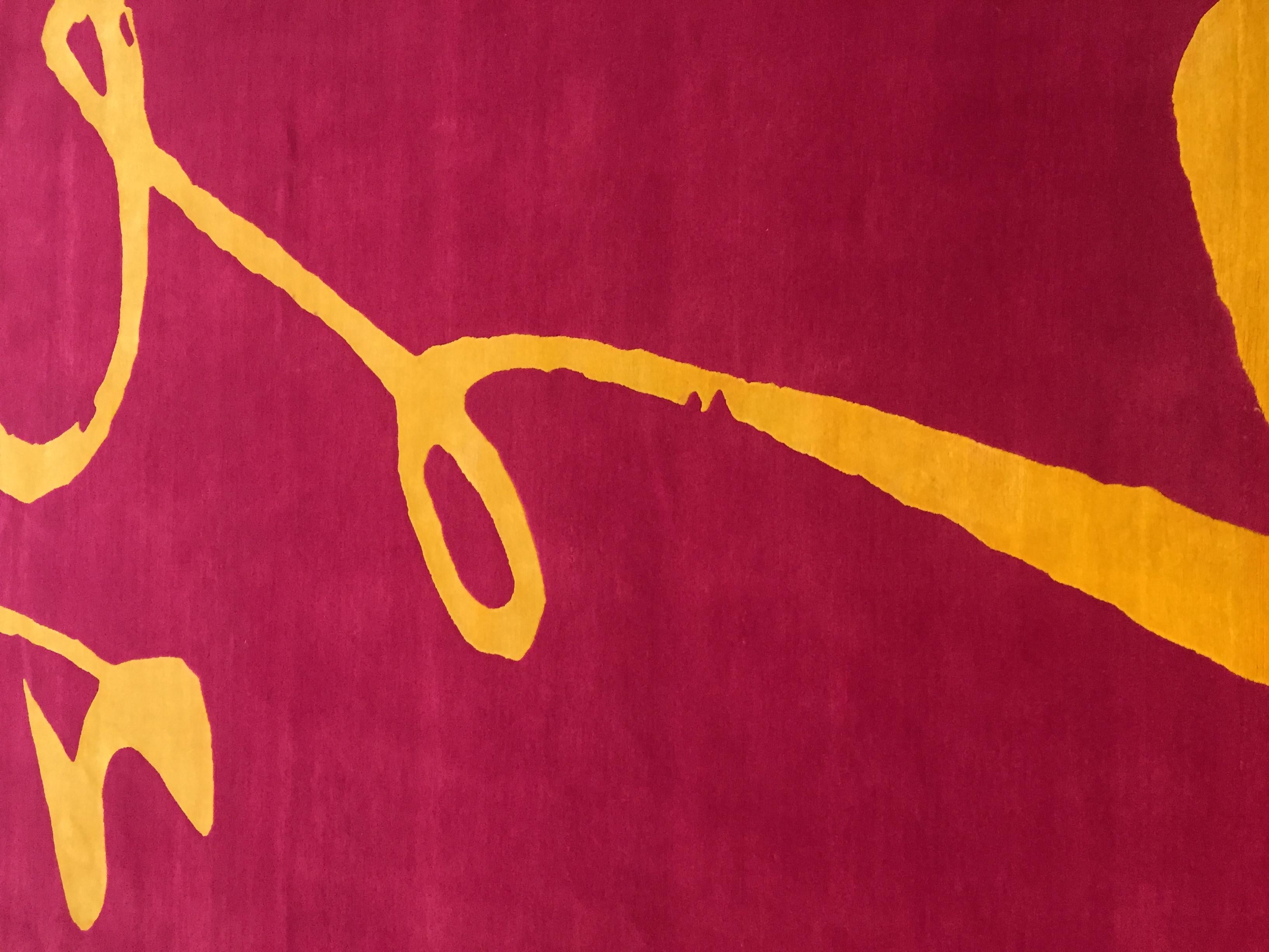 Chinesischer „Flying“-Ideogramm-Teppich „Flying“, entworfen von Paola Billi, gelbe Seide und rosa Wolle im Angebot 5