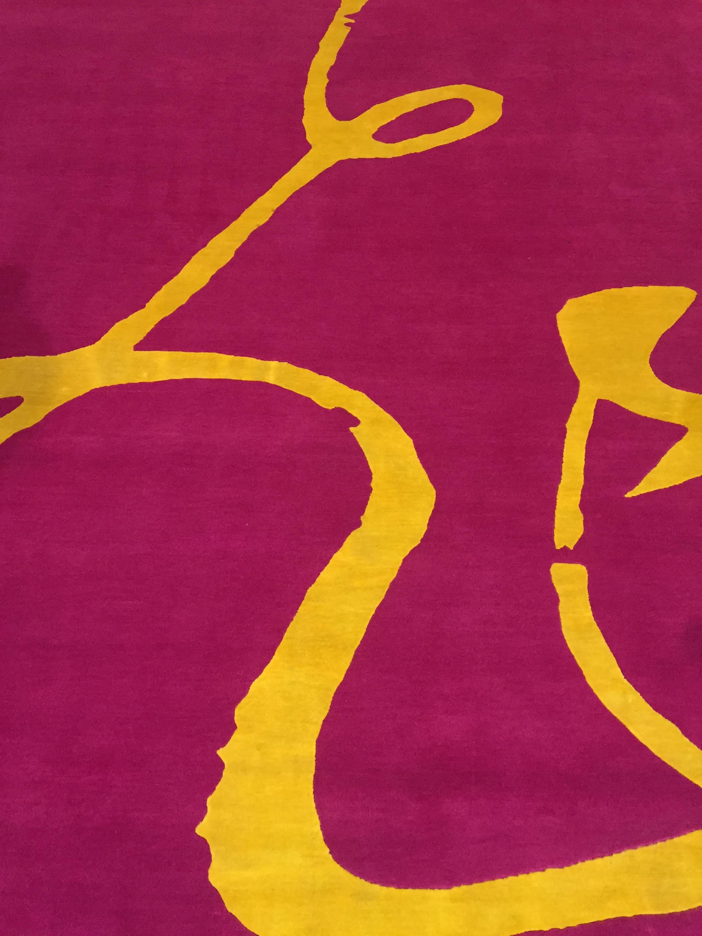 Chinesischer „Flying“-Ideogramm-Teppich „Flying“, entworfen von Paola Billi, gelbe Seide und rosa Wolle im Angebot 6