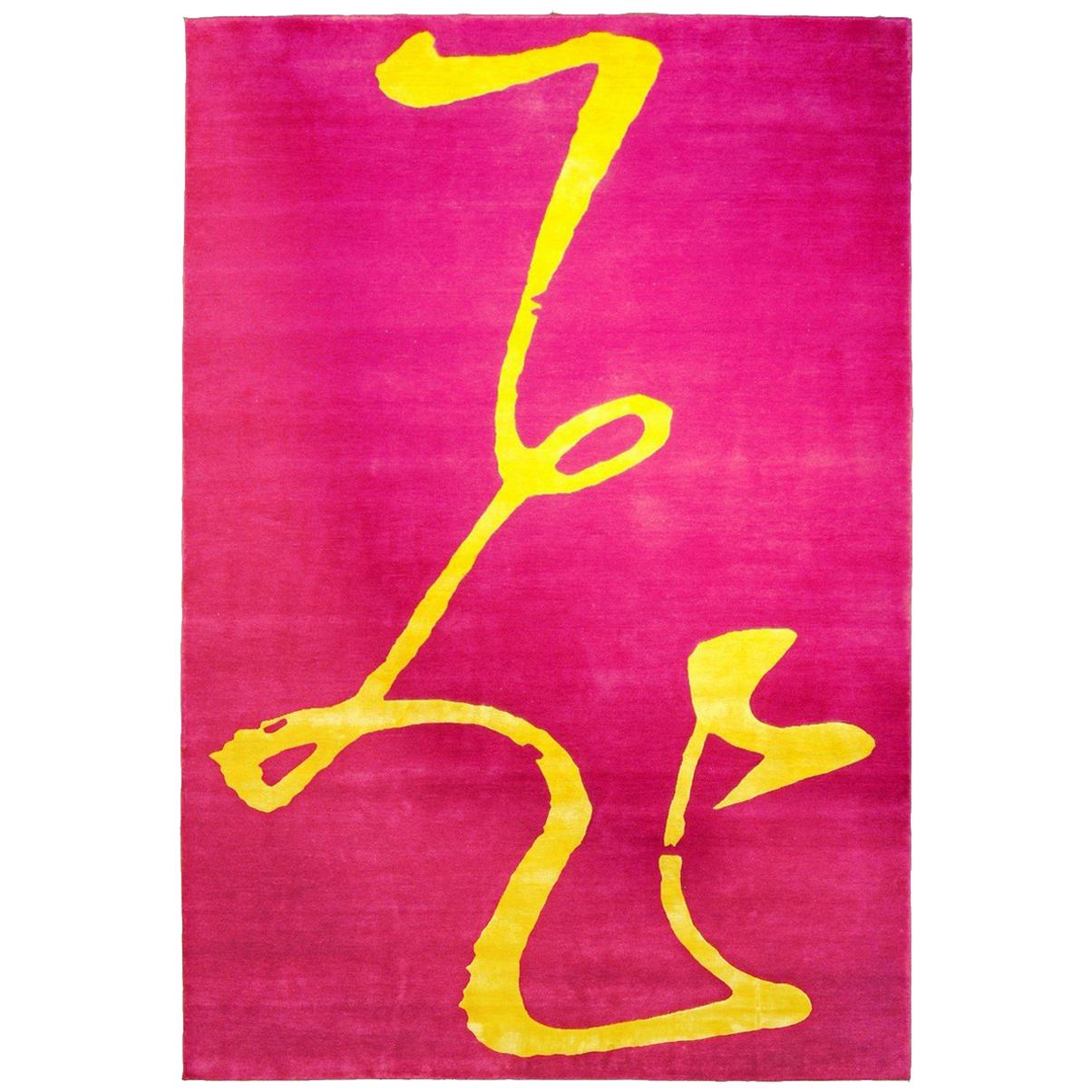 "Flying" Chinese Ideogram Rug Designed by Paola Billi, Yellow Silk and Pink Wool For Sale