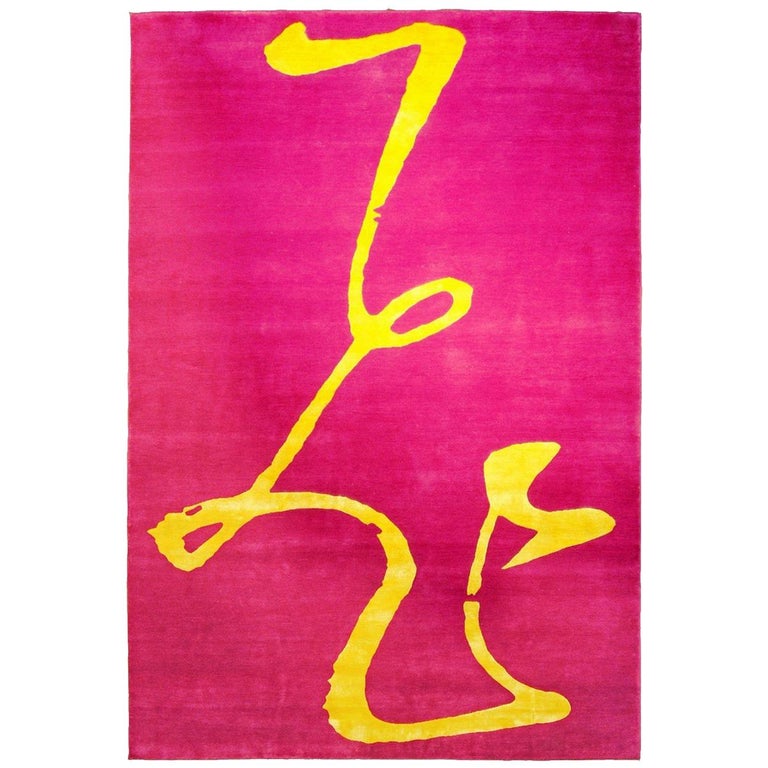"Flying" Chinese Ideogram Rug Designed by Paola Billi, Yellow Silk and Pink Wool For Sale
