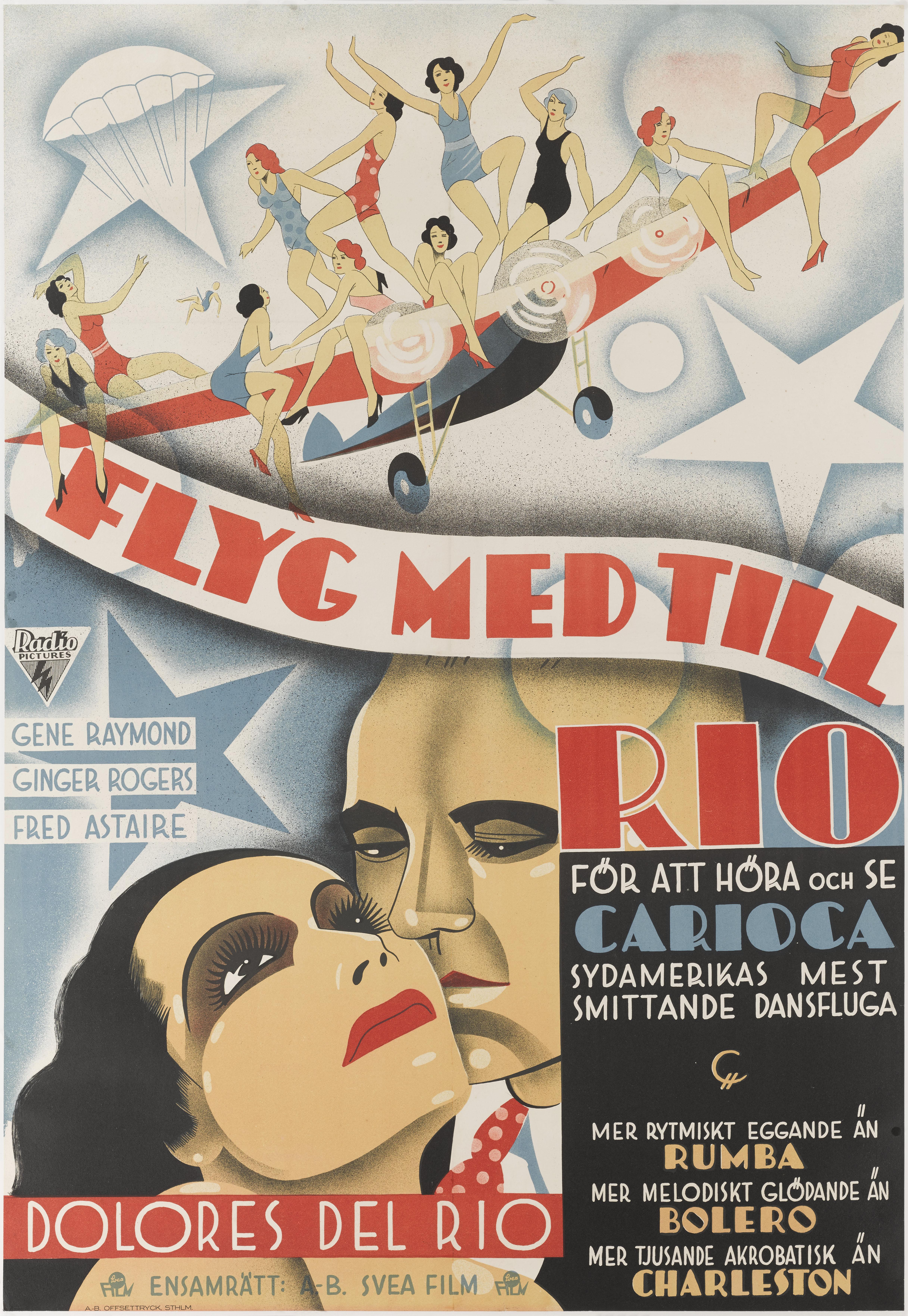 Original Swedish film poster .The legendary dancing partnership between
Ginger Rogers and Fred Astaire began with 1933’s Flying Down to Rio, a straightforwardly charming screen musical about an ill-starred romance. Though they only had supporting