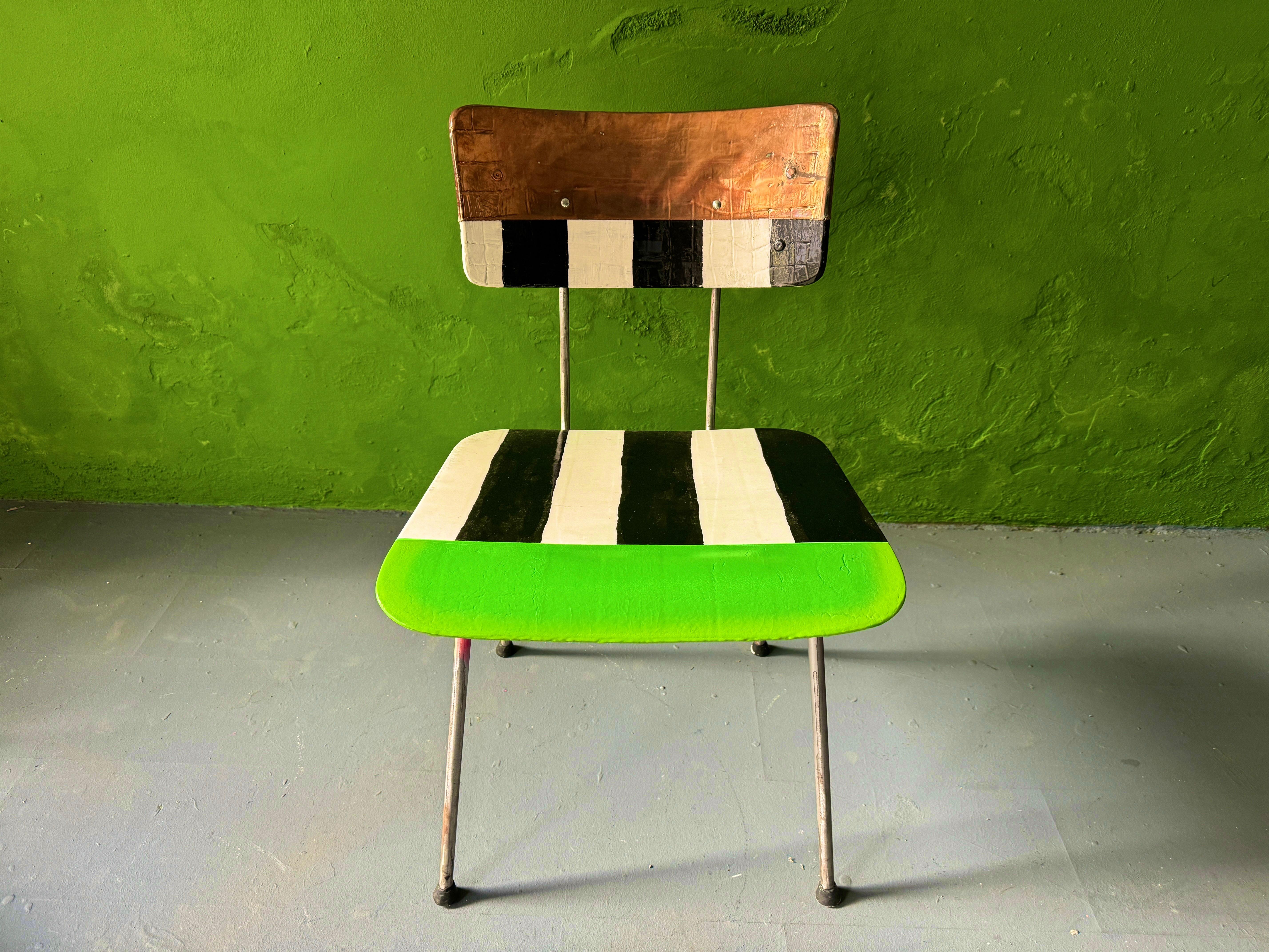 Flying Dutchman Chair by Markus Friedrich Staab
One of a Kind
Dimensions: D 46 x W 47 x H 75 cm.
Materials: Wood, paint, lacquer.

Wim Rietveld classic chair contemporized, galvanized backrest, handpainted and multi-lacquered.

Markus Friedrich