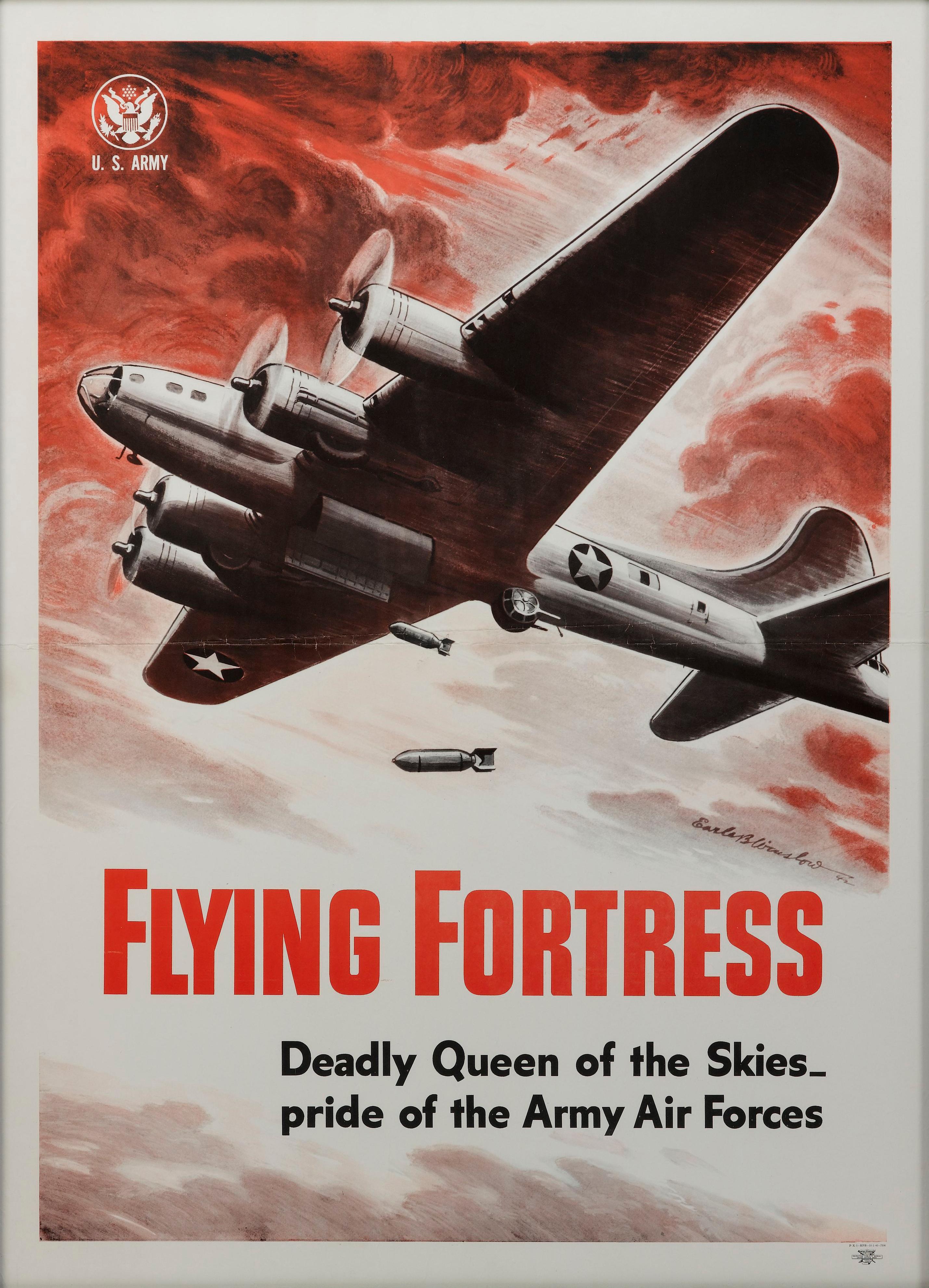 Presented is a vintage WWII U.S. Army poster of a B-17 Flying Fortress bomber plane. The poster was illustrated by Earle B. Winslow in 1942 and published by the Recruiting Publicity Bureau in 1943. The poster depicts a B-17 mid-battle as it drops