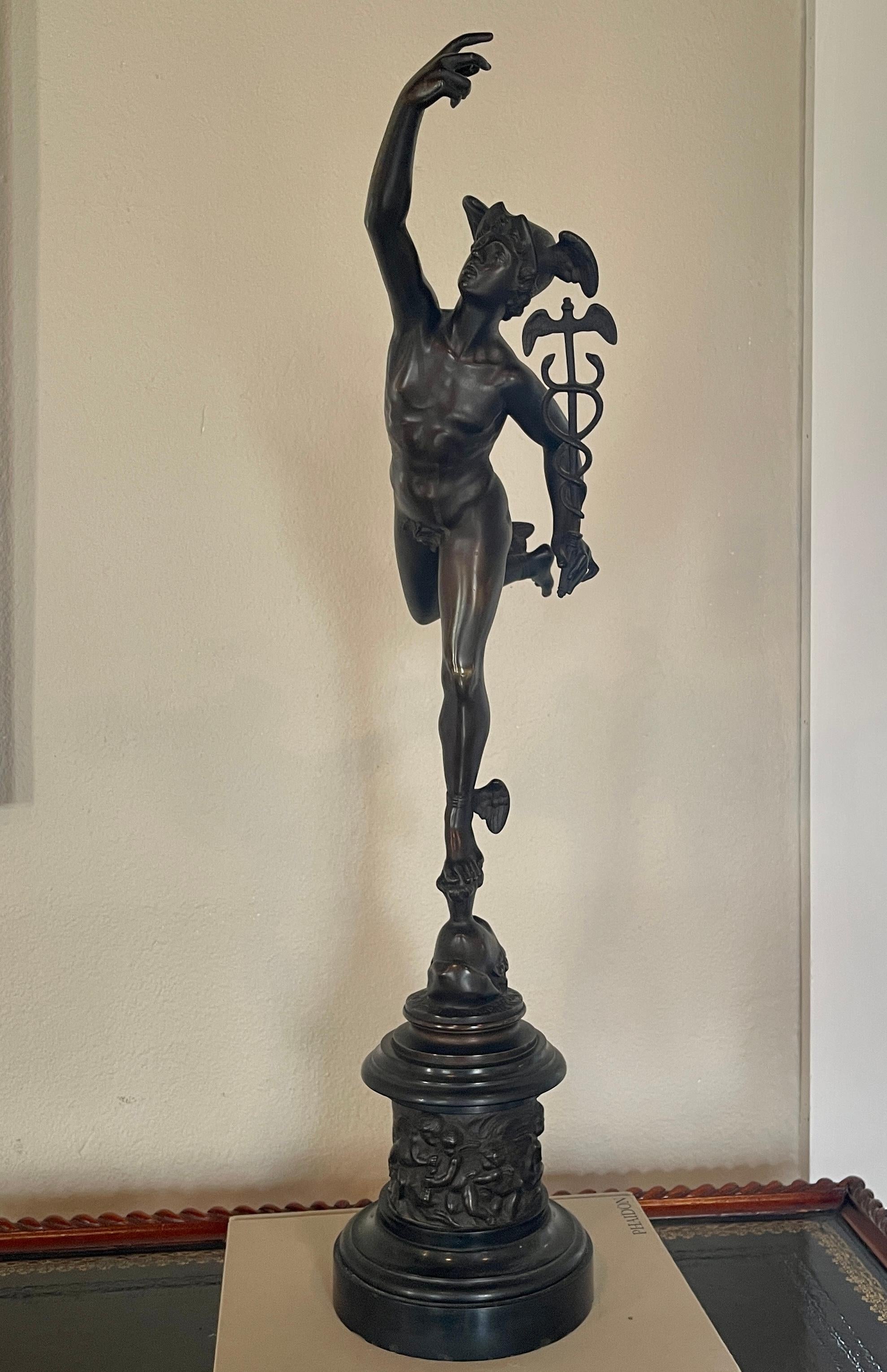 This unusually tall beautiful bronze statue is in the style of Giambologna. He became well known for a fine sense of action and movement in his statues. Among his most famous works are the Mercury (of which he did four versions), poised on one foot,