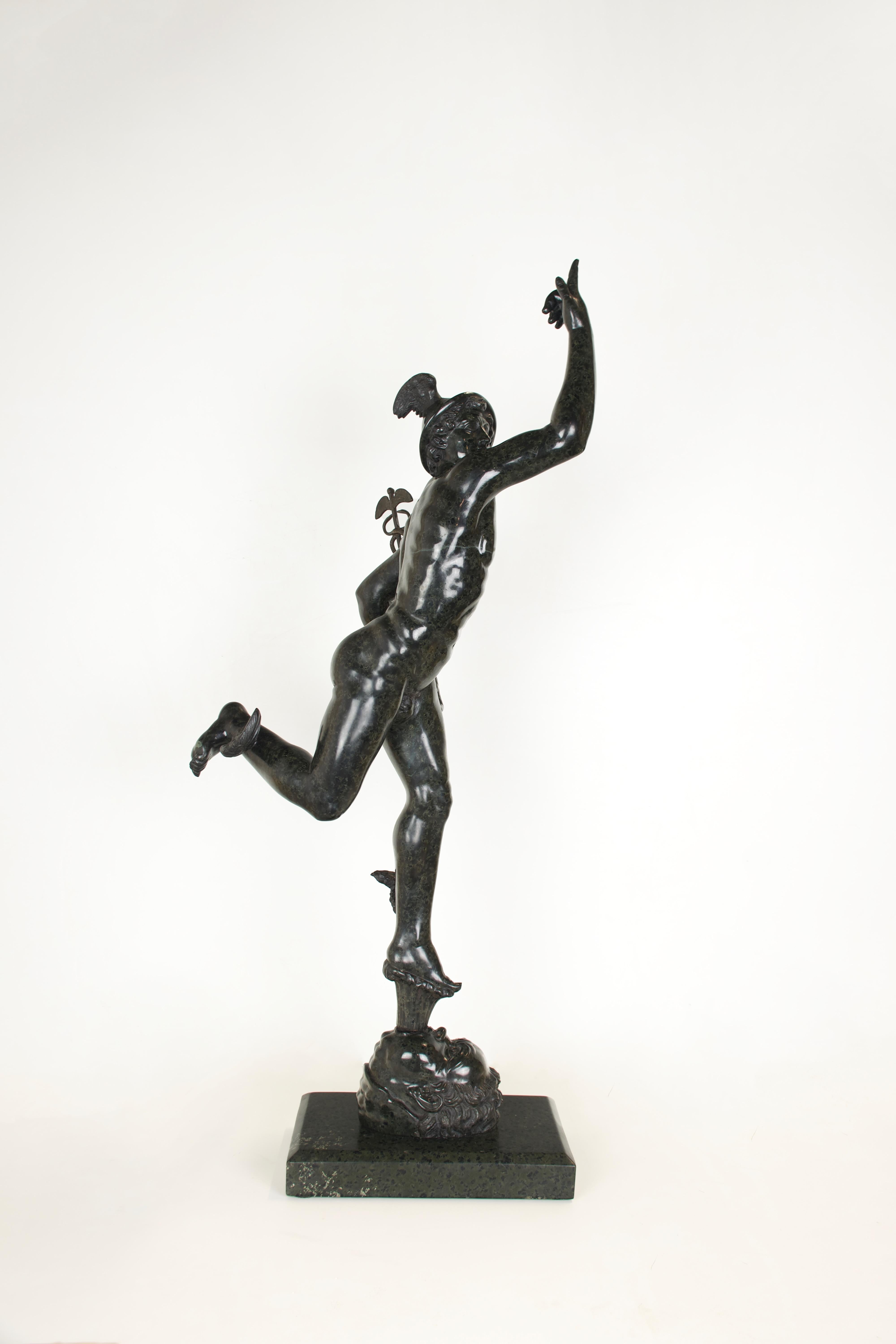 19th Century Flying Mercury in green marble copied from the famous work of Giambologna For Sale