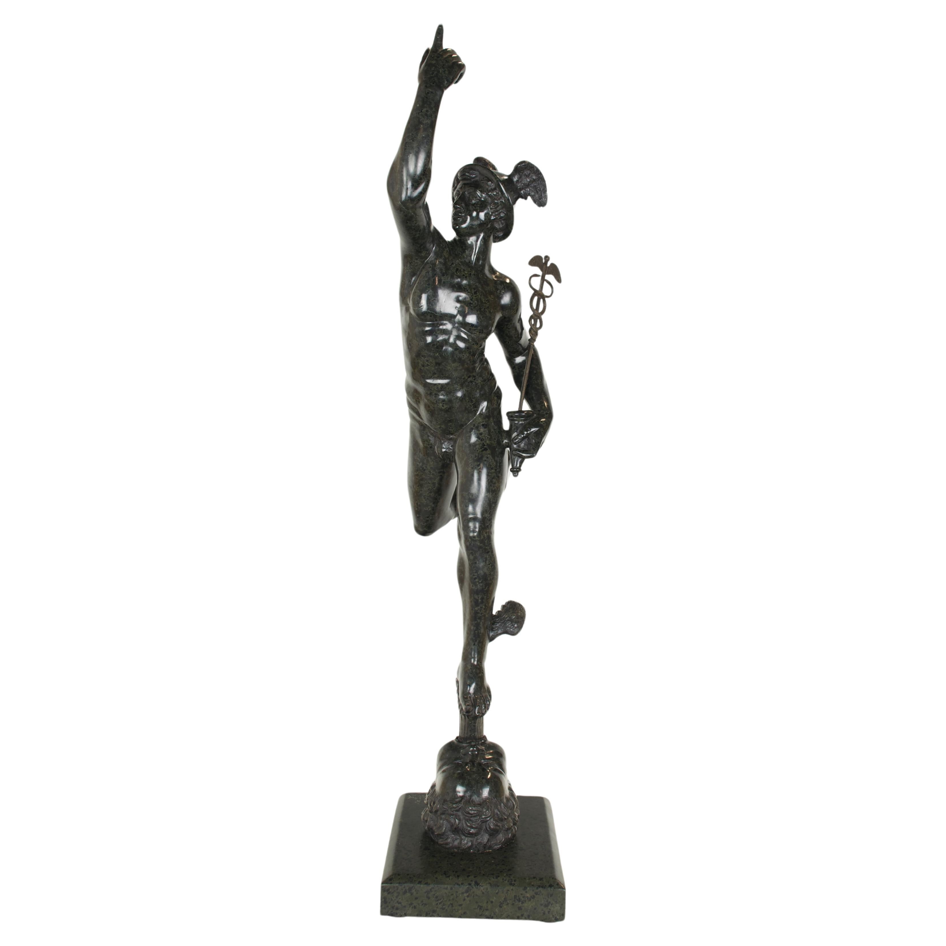 Flying Mercury in green marble copied from the famous work of Giambologna For Sale