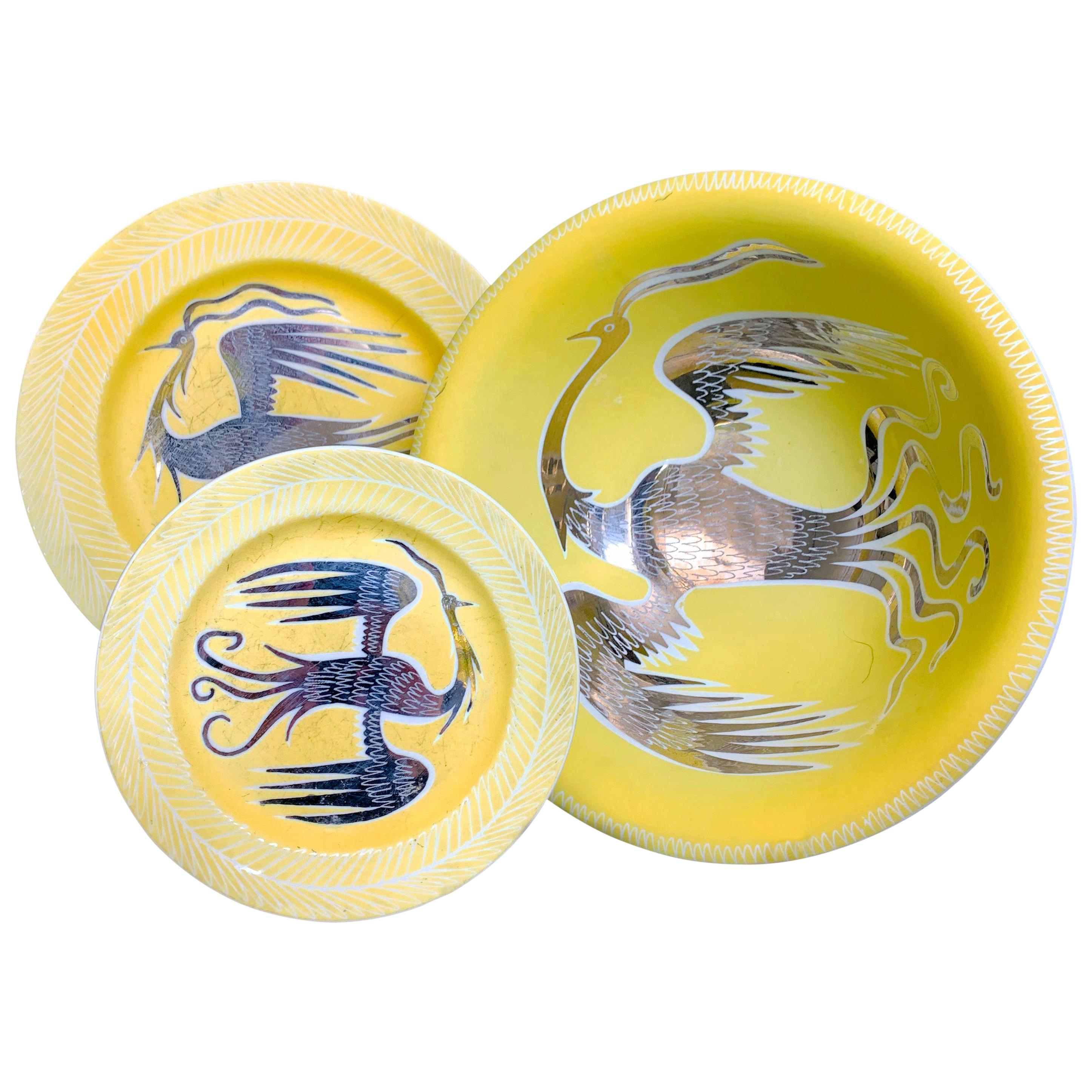 "Flying Phoenix Bird, " Spectacular Set of Lemon Yellow Art Deco Dishes, Gregory For Sale