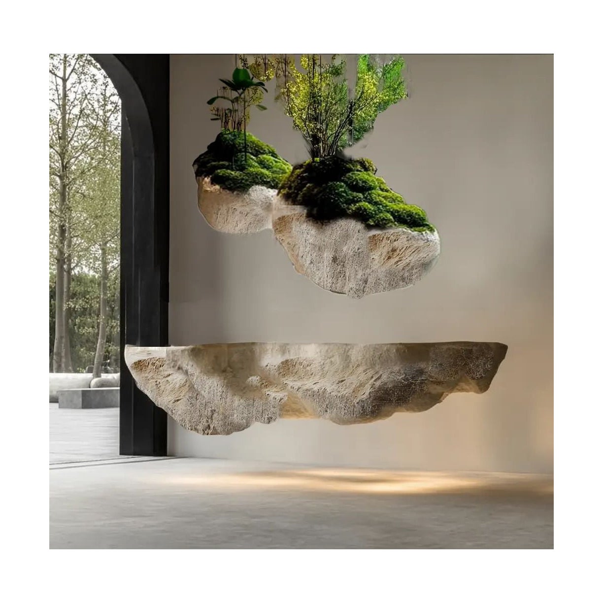 Flying rock sculpture, monolith in composite material, stone effect, brutalist