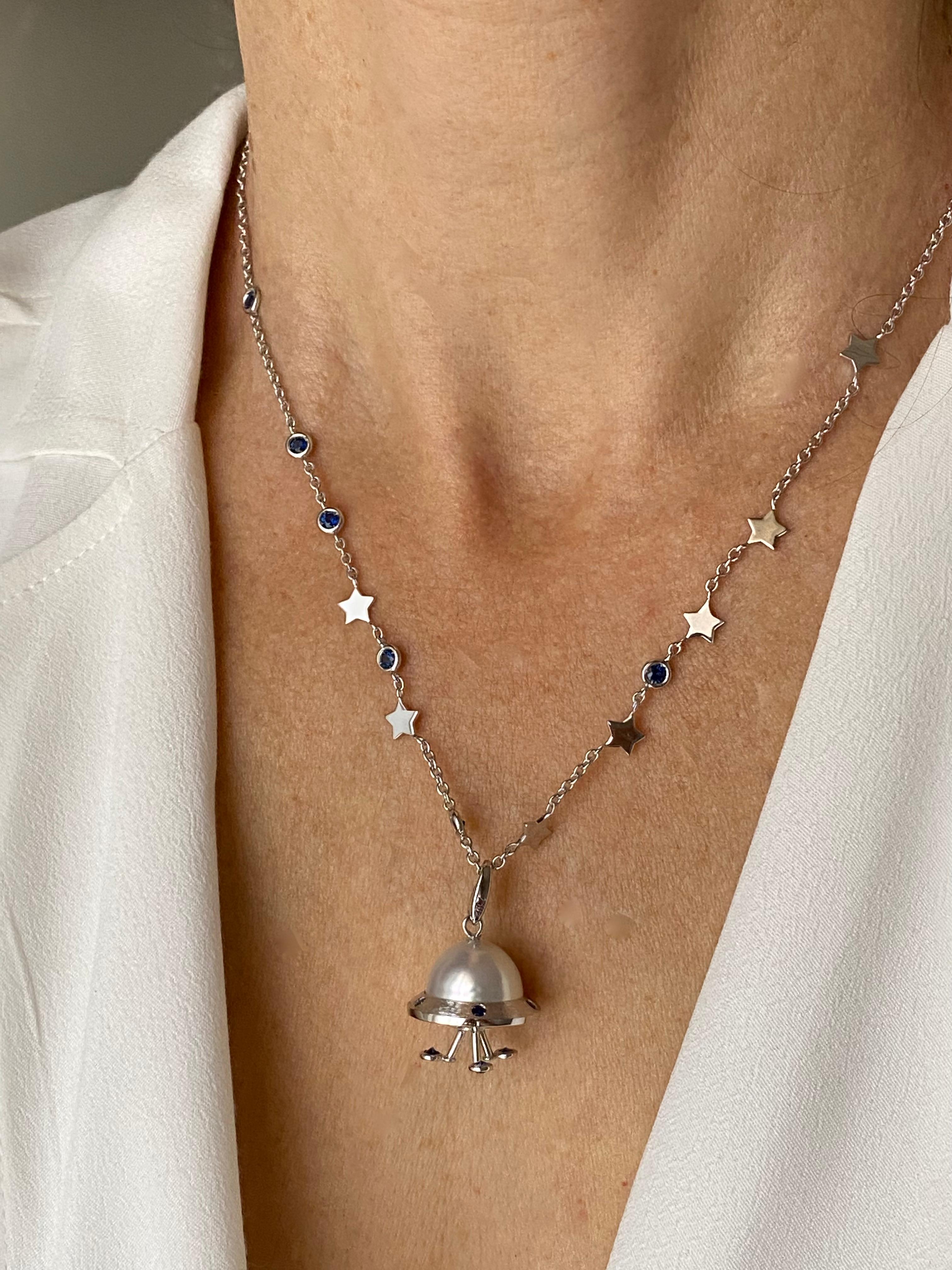 Flying Saucer Blue Sapphire Australian Pearl 18KT Gold Pendant Necklace or Charm 7
