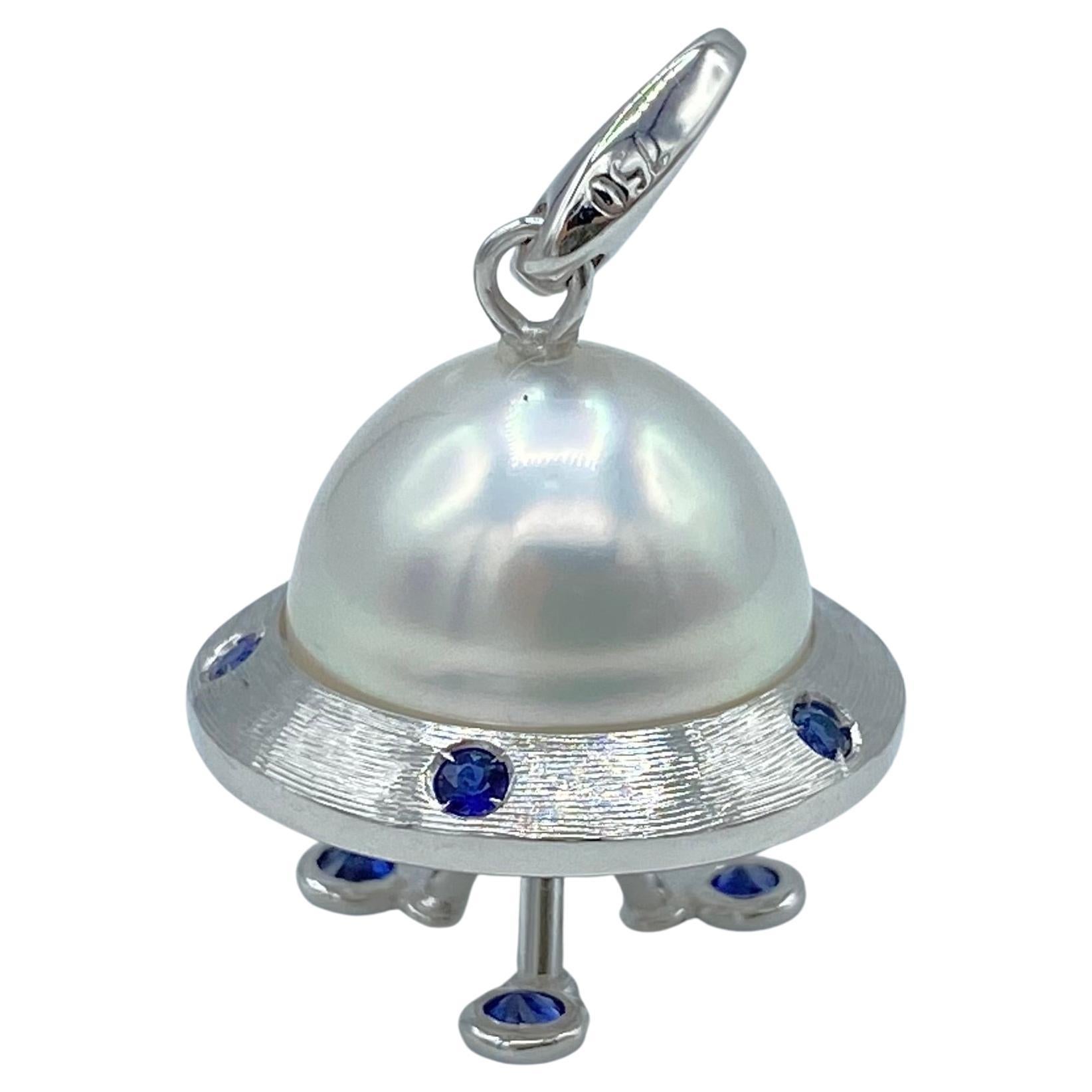 Artisan Flying Saucer Blue Sapphire Australian Pearl 18KT Gold Pendant Necklace or Charm