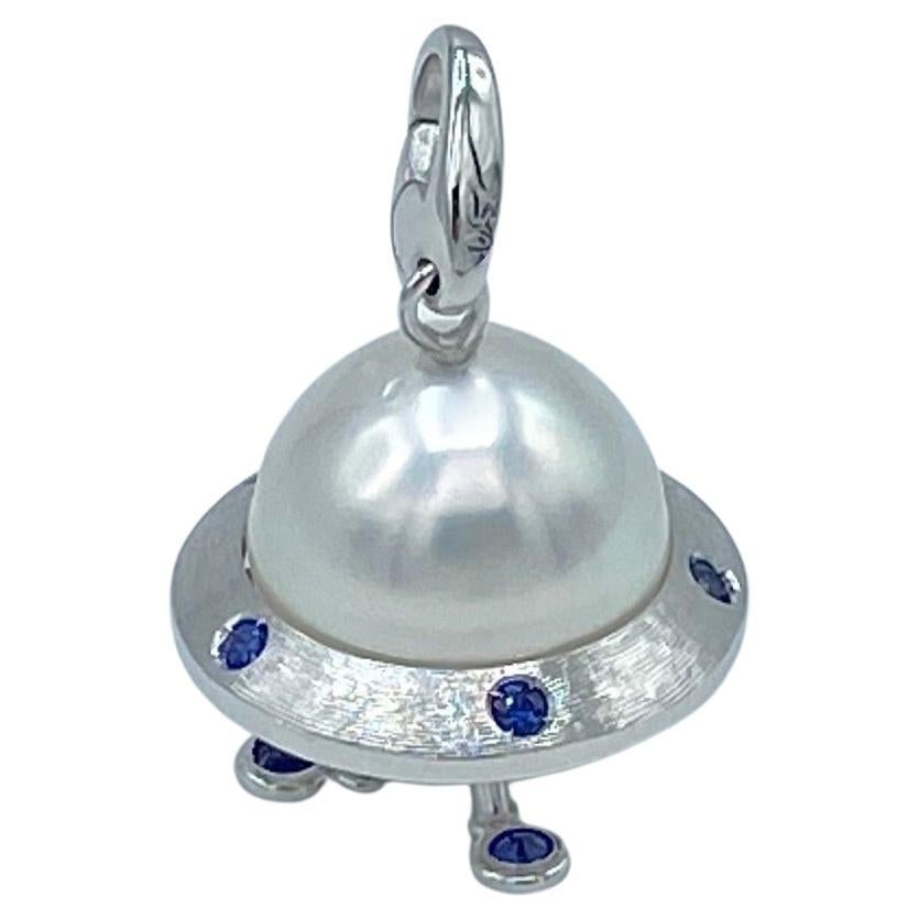 Women's or Men's Flying Saucer Blue Sapphire Australian Pearl 18KT Gold Pendant Necklace or Charm