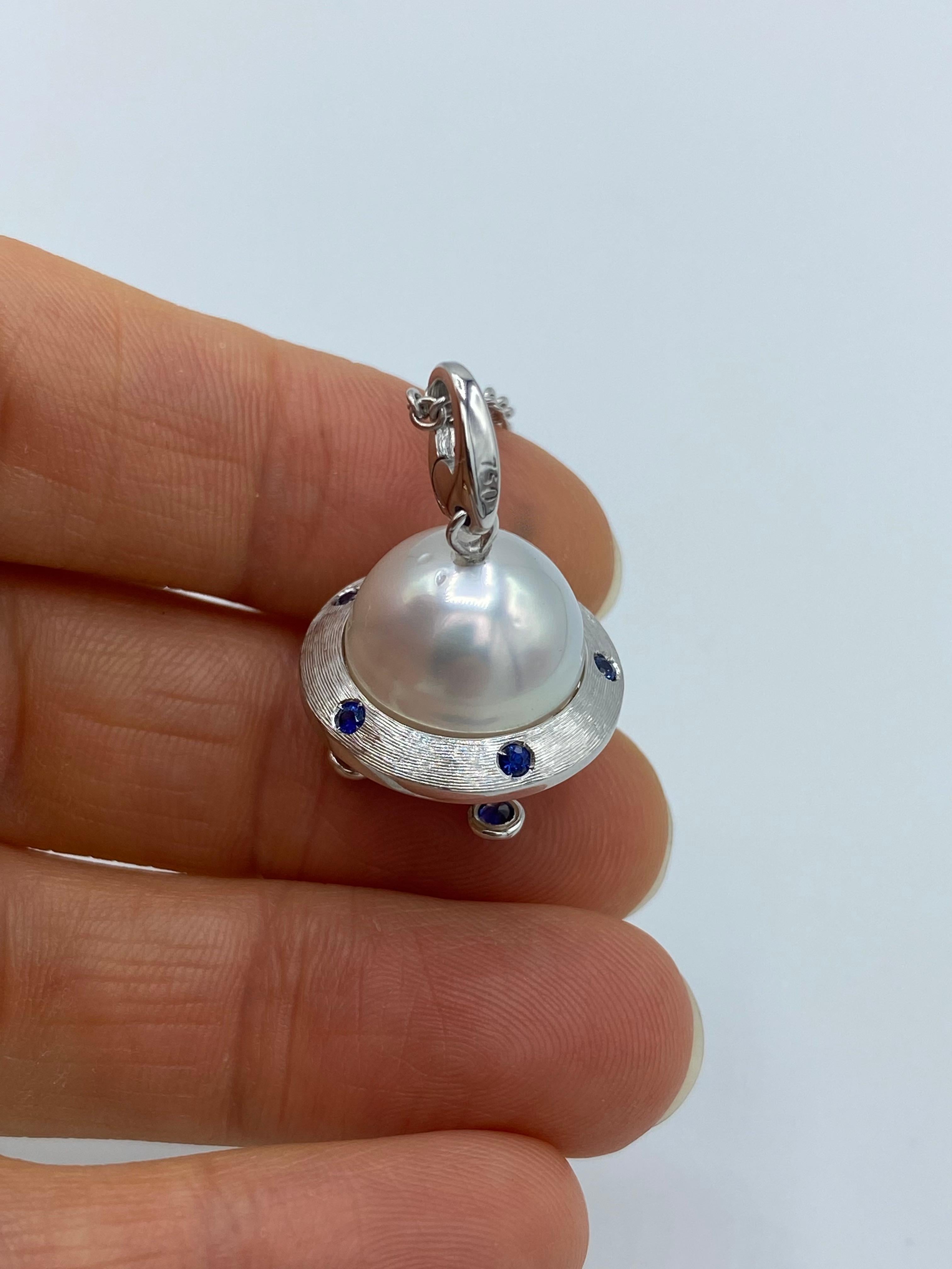 Flying Saucer Blue Sapphire Australian Pearl 18KT Gold Pendant Necklace or Charm 1