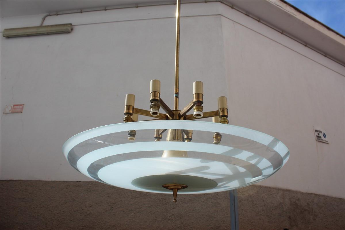 Flying Saucer Chandelier in Concave Glass and Brass Gold Midcentury, Italian For Sale 4