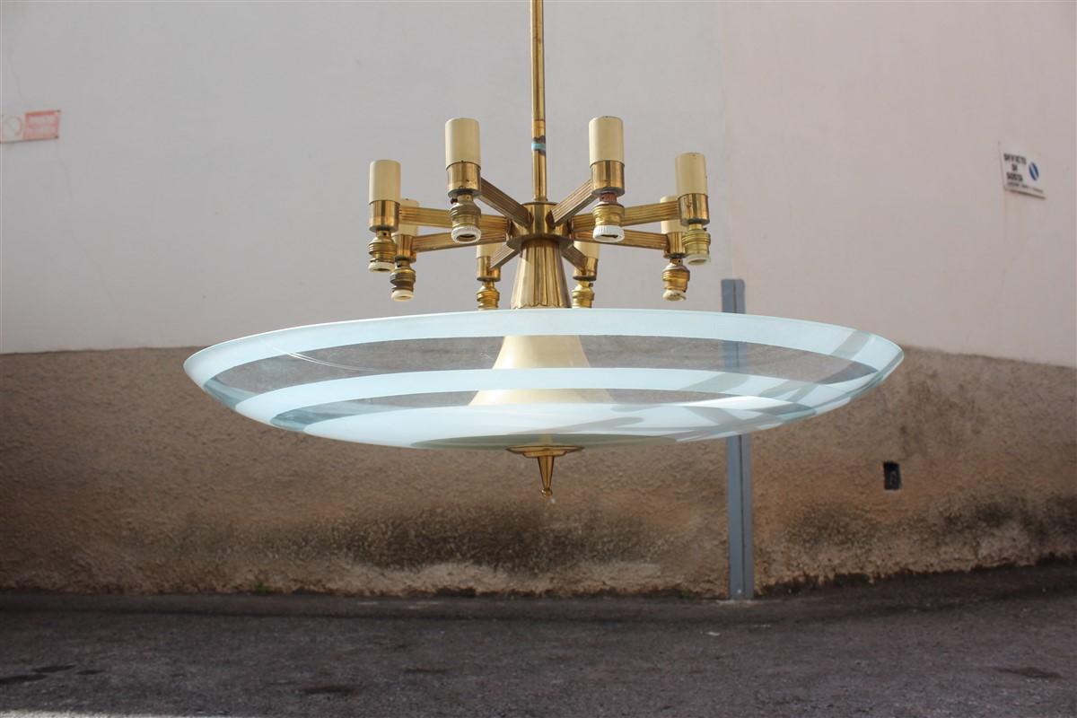 Flying Saucer Chandelier in Concave Glass and Brass Gold Midcentury, Italian For Sale 5