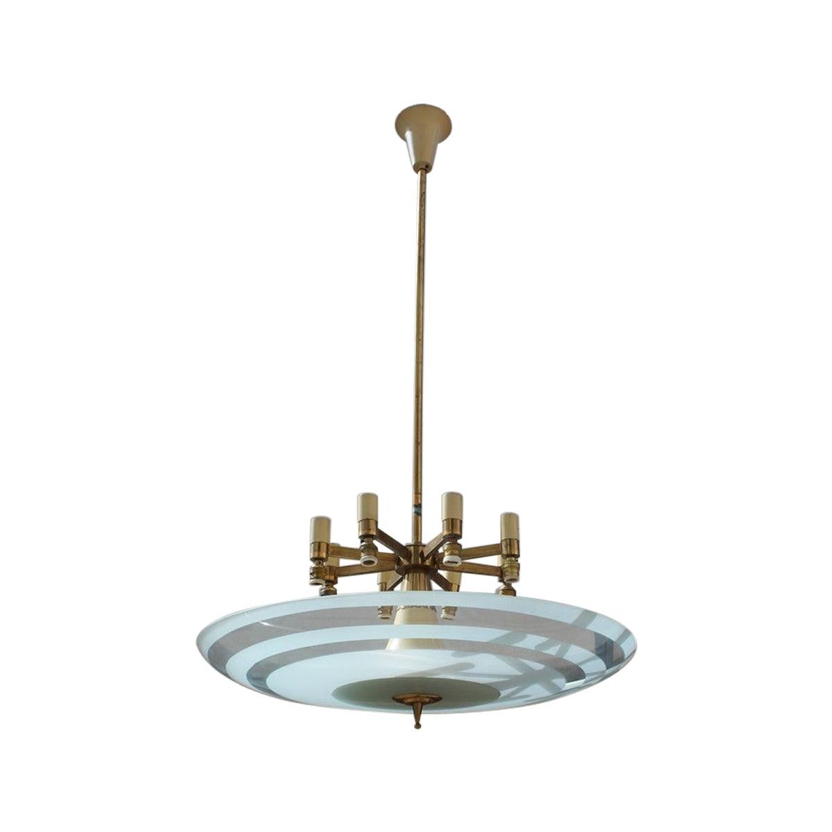 Flying Saucer Chandelier in Concave Glass and Brass Gold Midcentury, Italian For Sale