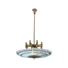 Lampadario Flying Saucer in vetro concavo e ottone dorato Midcentury, italiano