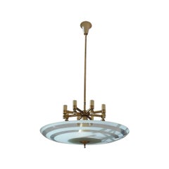 Retro Flying Saucer Chandelier in Concave Glass and Brass Gold Midcentury, Italian