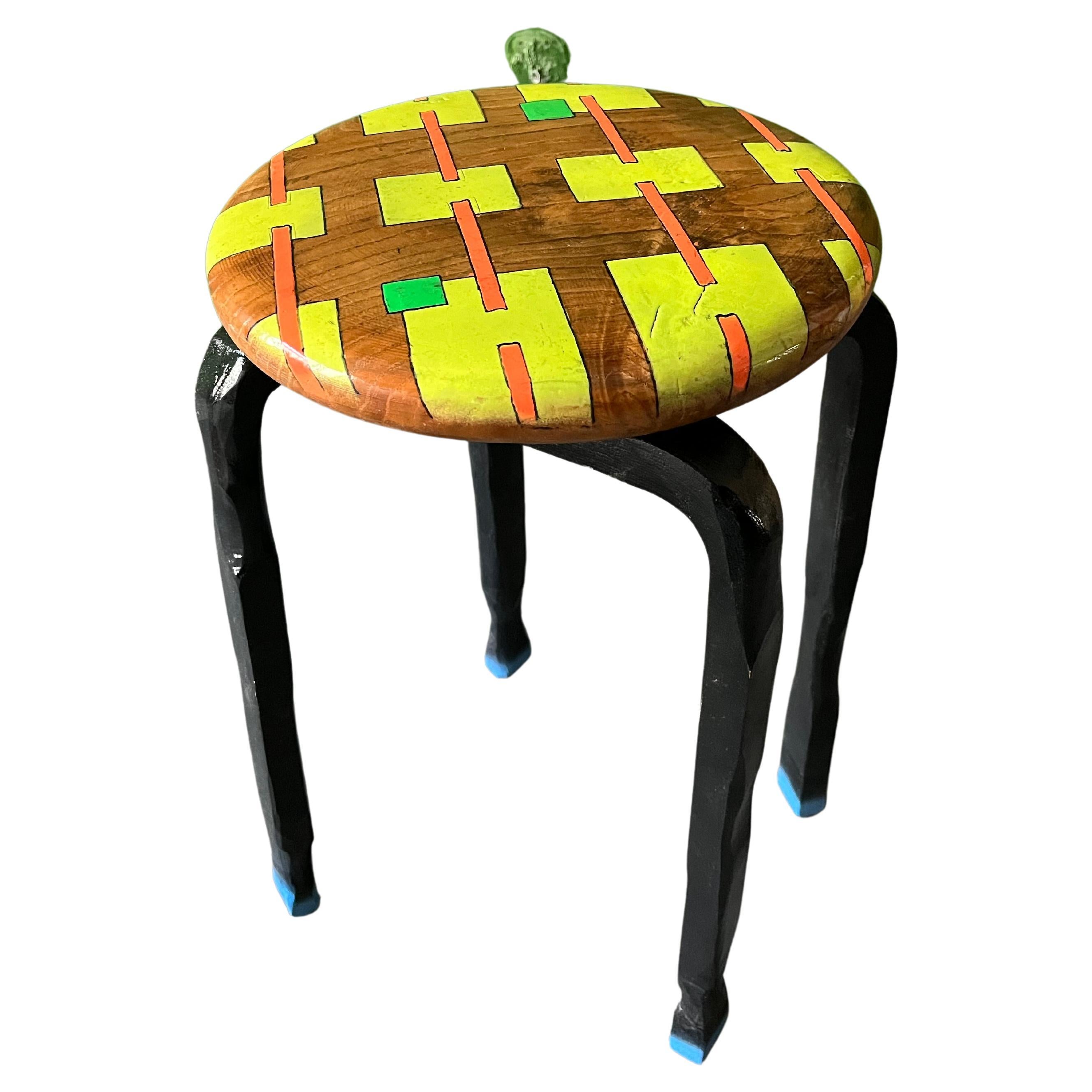 Handpainted stool, seat from a 1950s workstool, legs from Alvar Aalto. Seat painted in typical german minimalism style like Walter Dexel and such, multi-lacquered in 2k high gloss varnish.

I learn out of a past that has been created for me, a