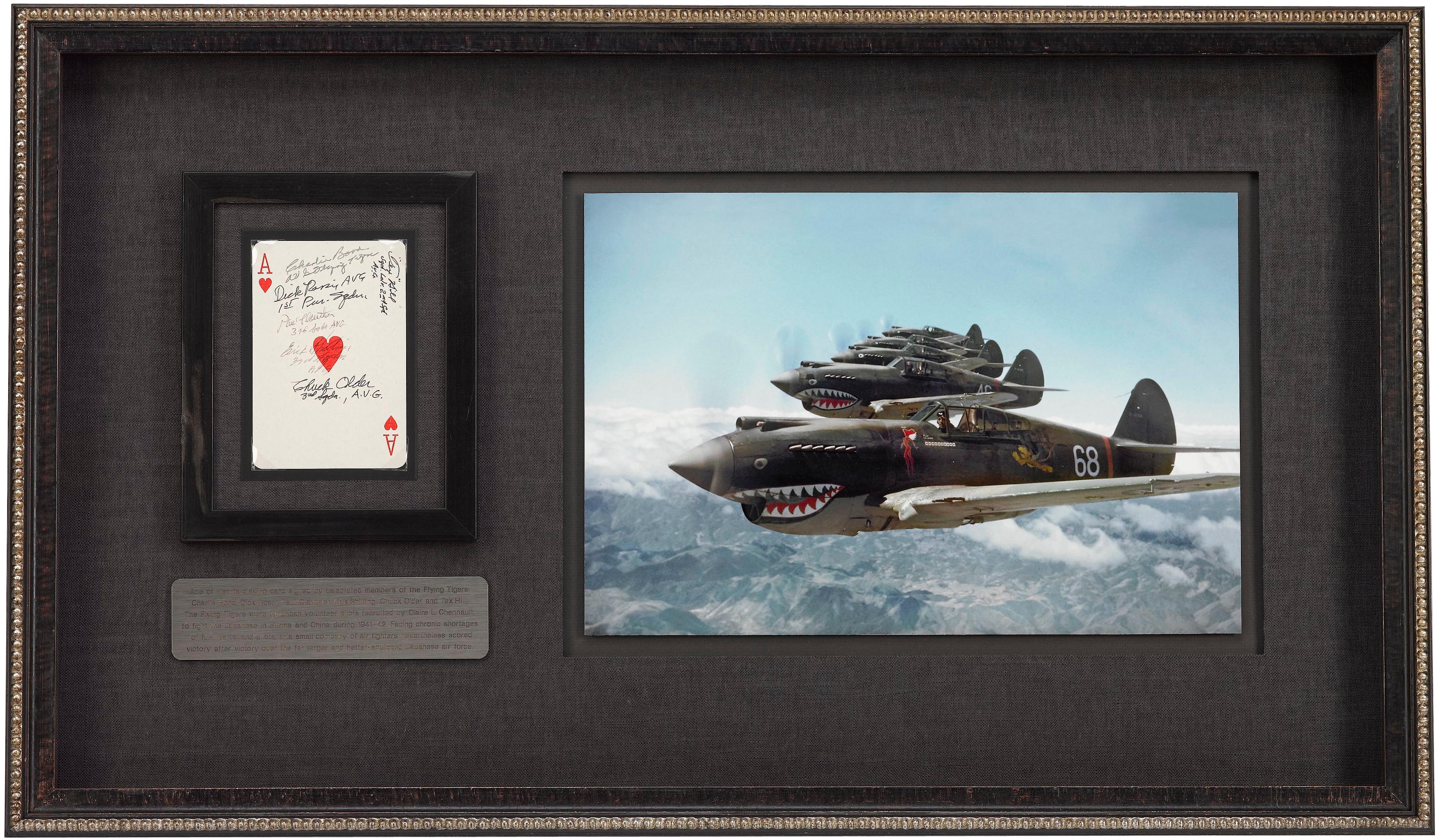 Presented is an oversized “Ace of Hearts” playing card signed by multiple members of the Flying Tigers. The card is signed in black ink and felt tip by Charlie Bond, Dick Rossi, Paul Clouthier, Erik Shilling, Chuck Older, and Tex Hill. The Flying