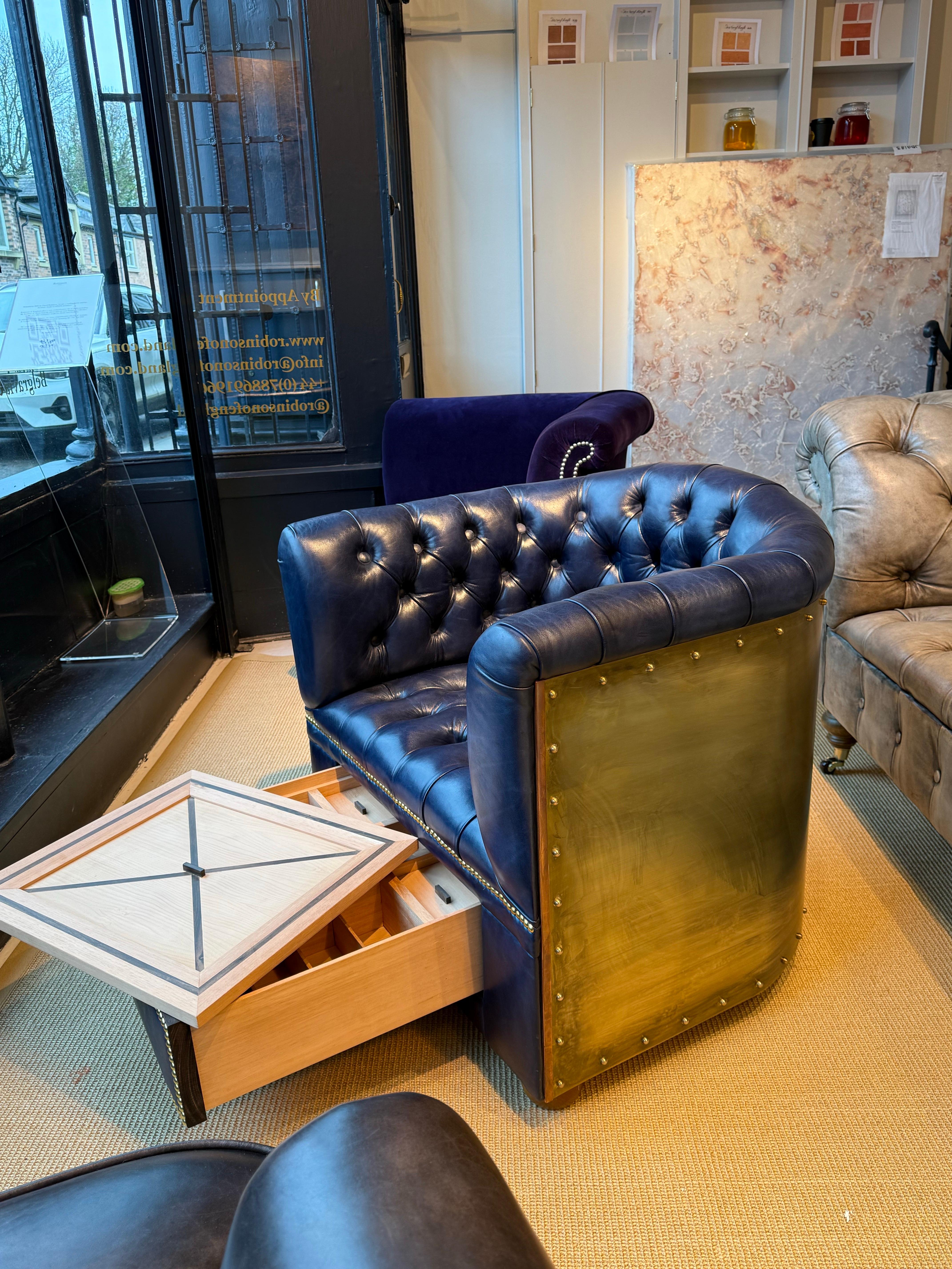 Chesterfield Flying Wing Aviator Chair, Hand Dyed Deep Ocean Leather, Solid Brass & Humidor For Sale