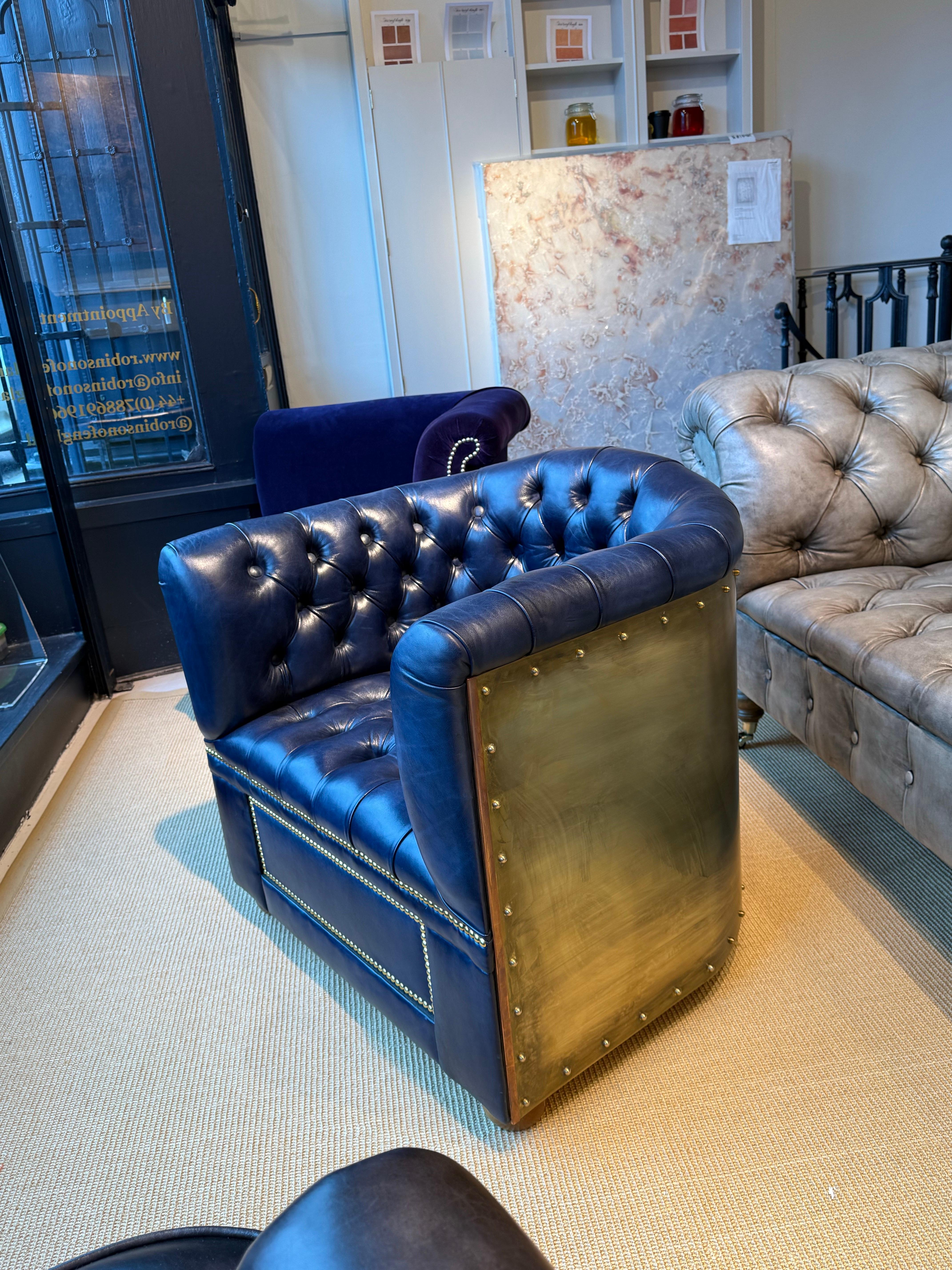 European Flying Wing Aviator Chair, Hand Dyed Deep Ocean Leather, Solid Brass & Humidor For Sale
