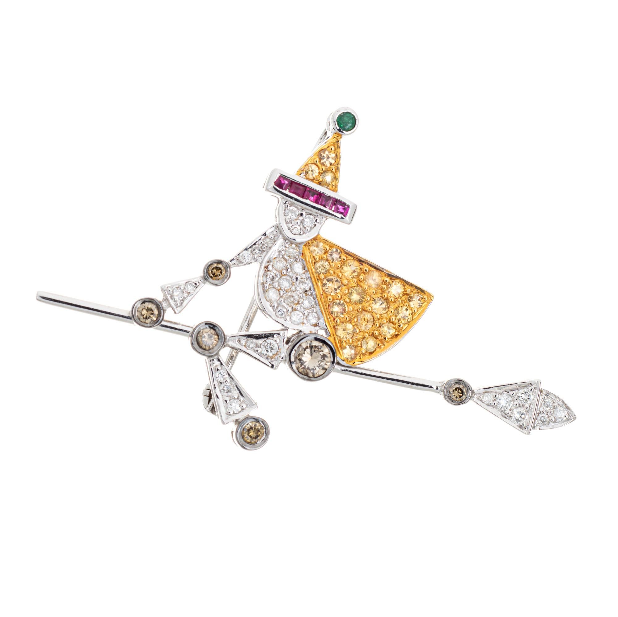 Modern Flying Witch on a Broom Stick Pendant Diamond Sapphire Estate 18k Gold Brooch