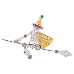Flying Witch on a Broom Stick Pendant Diamond Sapphire Estate 18k Gold Brooch