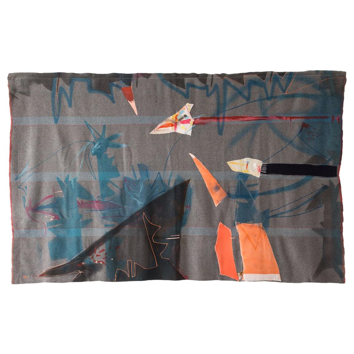 „Flytape“ Steppdecke, Gemälde, Wolle, Wandteppich, Textilkunst, auf Lager