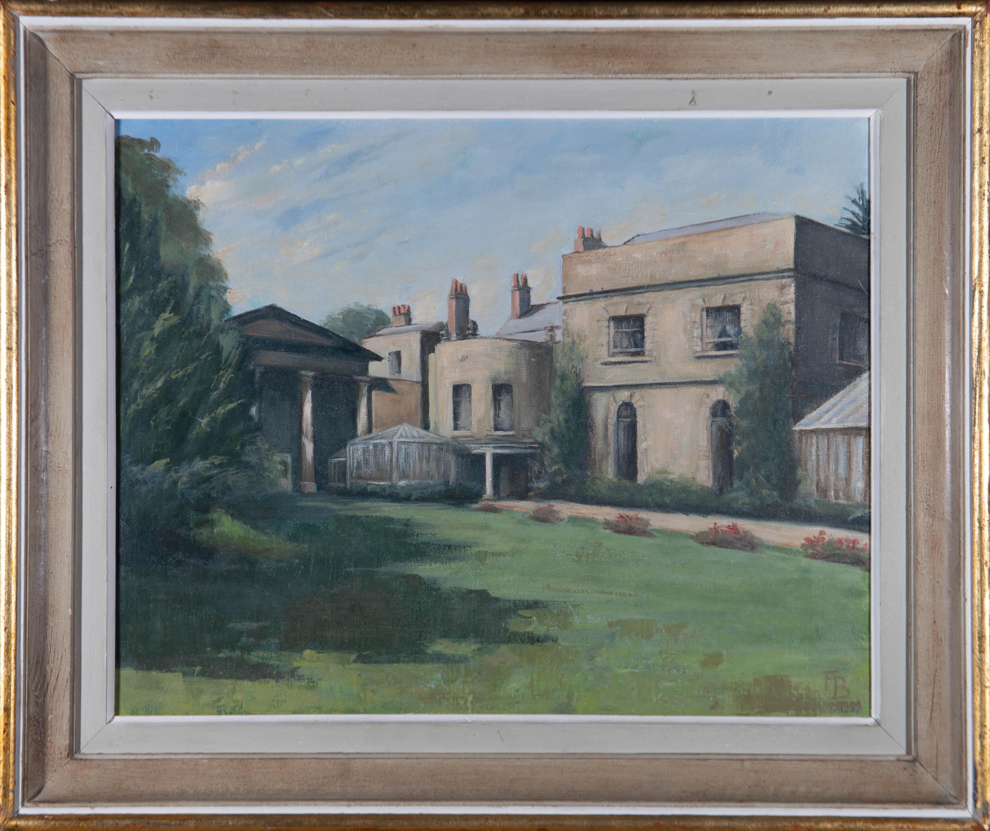 Una vista di Pitt Place a Epsom, una grande casa del XVIII secolo che fu demolita negli anni '70 e sostituita da un condominio. Presentato in una cornice di legno con bordo esterno dorato. Monogrammato e datato sul bordo inferiore destro. Su tela su
