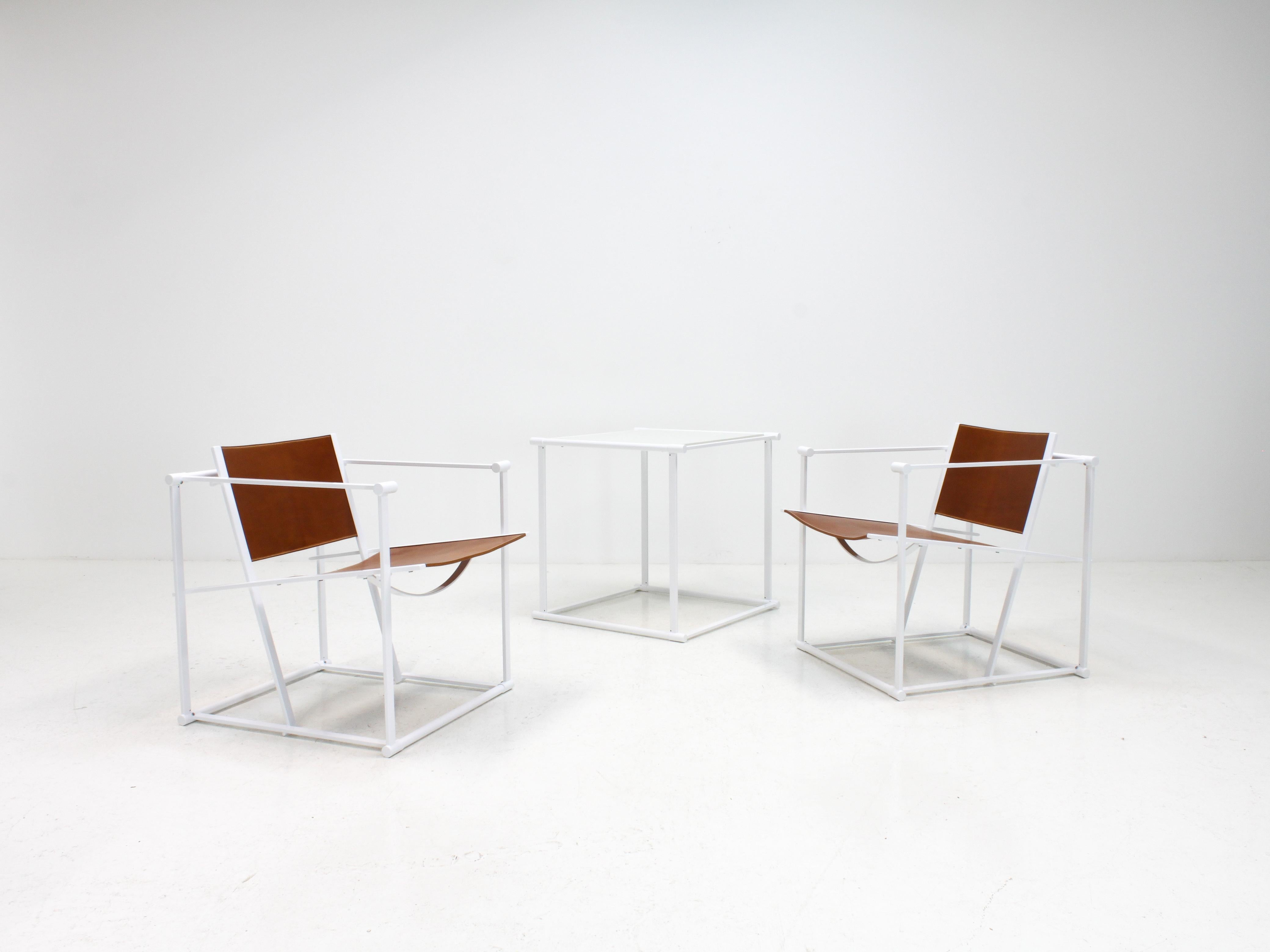 Dutch FM62 Steel & Leather Chairs & Side Table by Radboud Van Beekum for Pastoe, 1980s