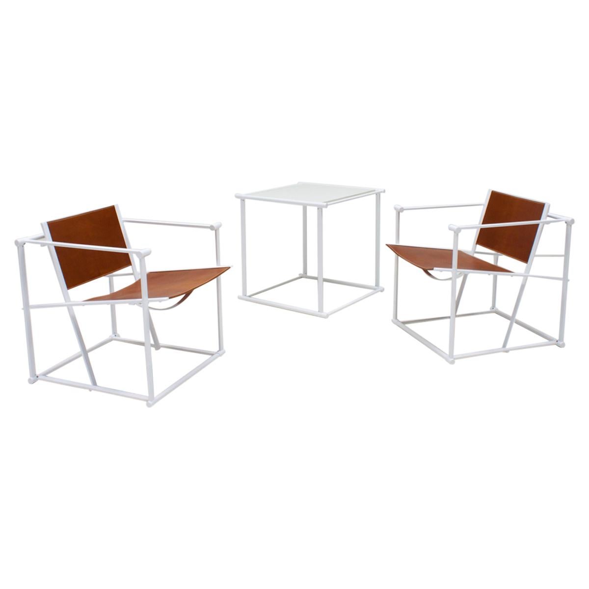 FM62 Steel & Leather Chairs & Side Table by Radboud Van Beekum for Pastoe, 1980s