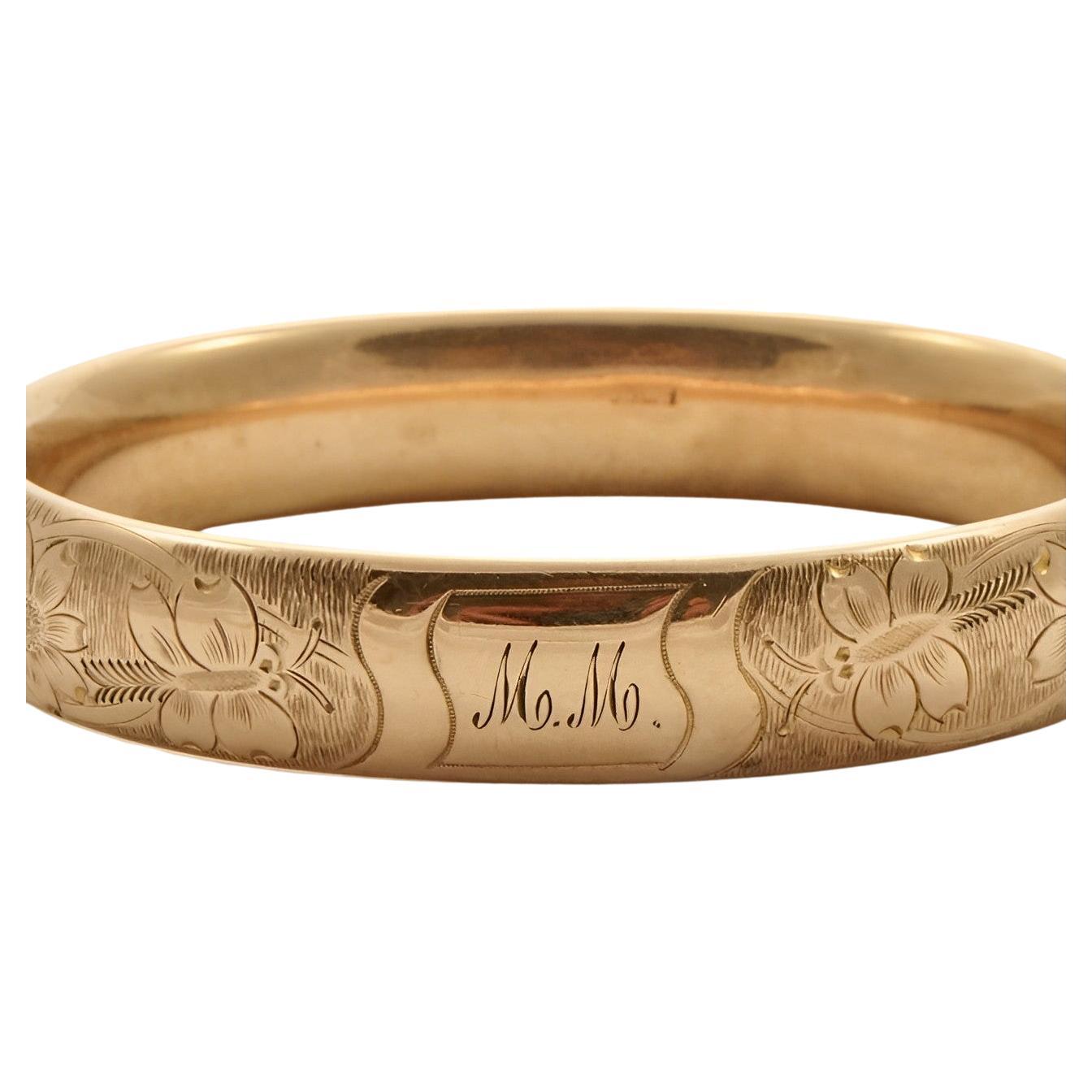 FMCO Antique Rose Gold Filled Flowers and Butterflies Engraved Bangle Bracelet