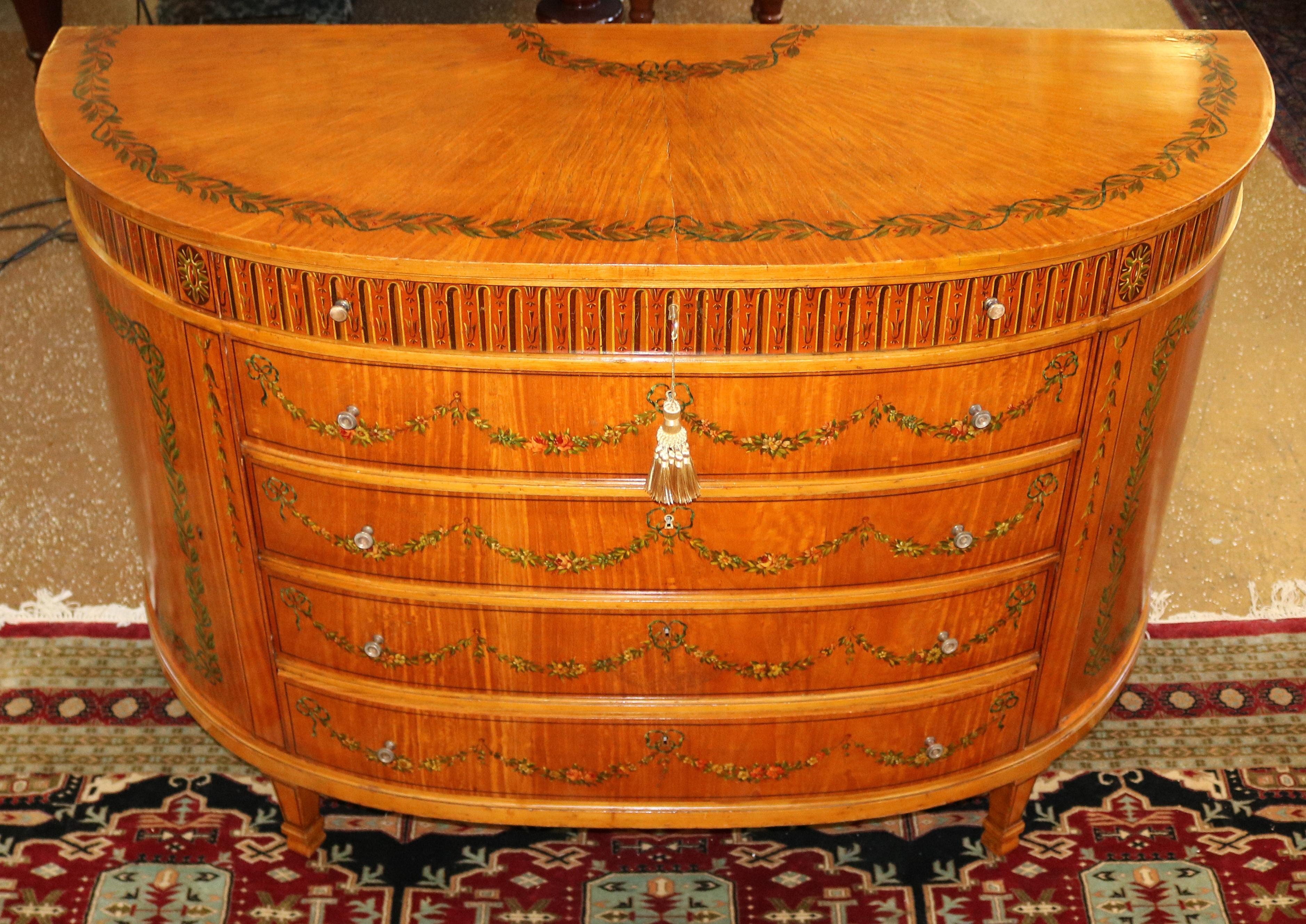 F.O Schmidt Vienna Adams Style Satinwood Paint Decorated Dresser Commode 1910 In Good Condition For Sale In Long Branch, NJ