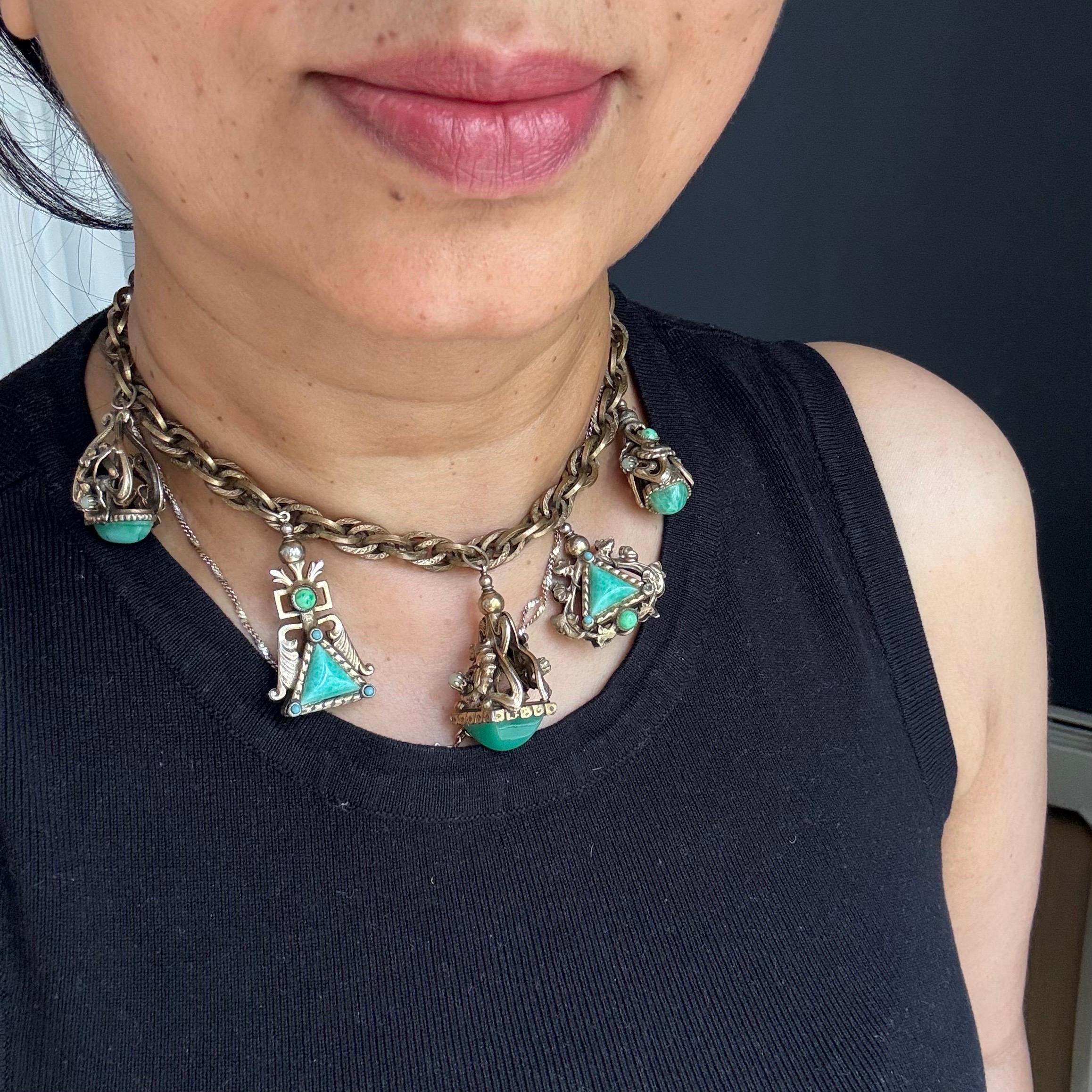 Fob Charm Necklace Renaissance Revival Costume Jewelry In Good Condition For Sale In Monroe Township, NJ