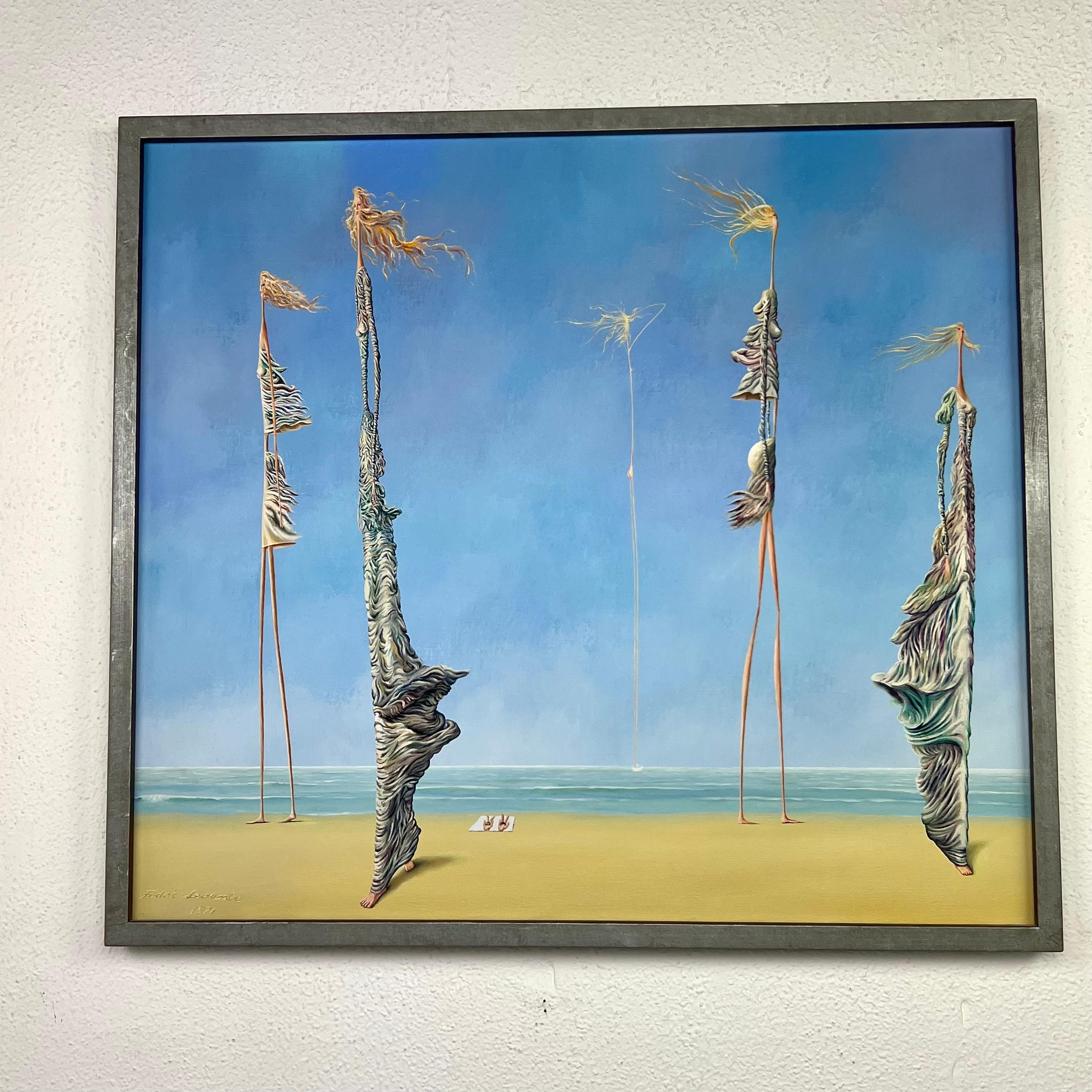 Pintura surrealista del artista húngaro Fodor Levente, firmada y fechada en 1971. Los artistas húngaros empezaron a explorar el surrealismo después de 1945. Bajo el monótono comunismo conformista, con su defensa del tedioso realismo socialista, el