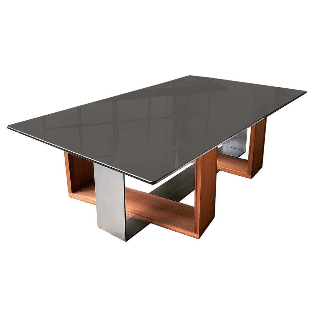 Fog Coffee Table by CAUV Design Acid Etched Glass Burnished Steel and Redwood For Sale