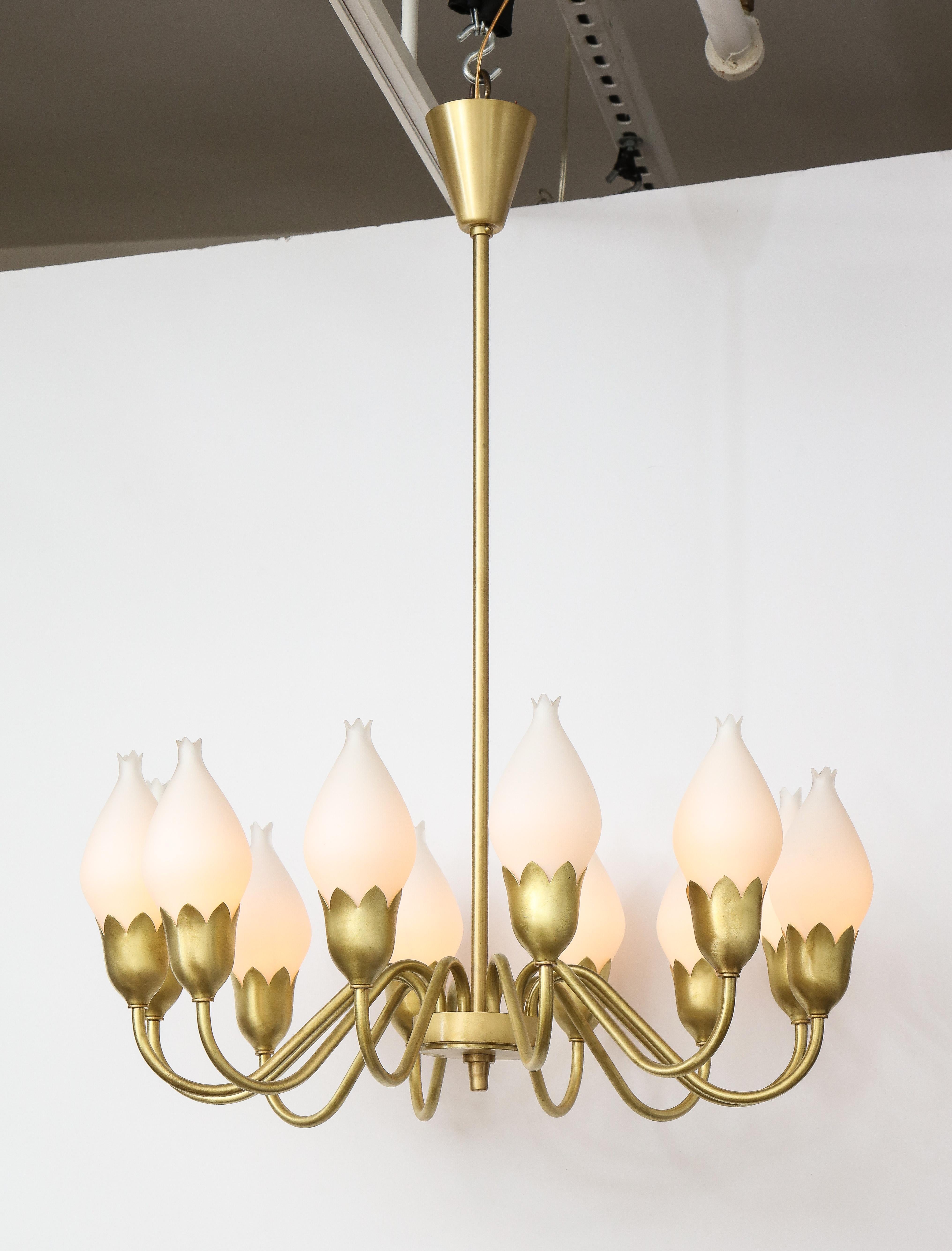 Scandinavian Modern Fog & Morup 12-Arm Brass, Tulip Glass Chandelier For Sale