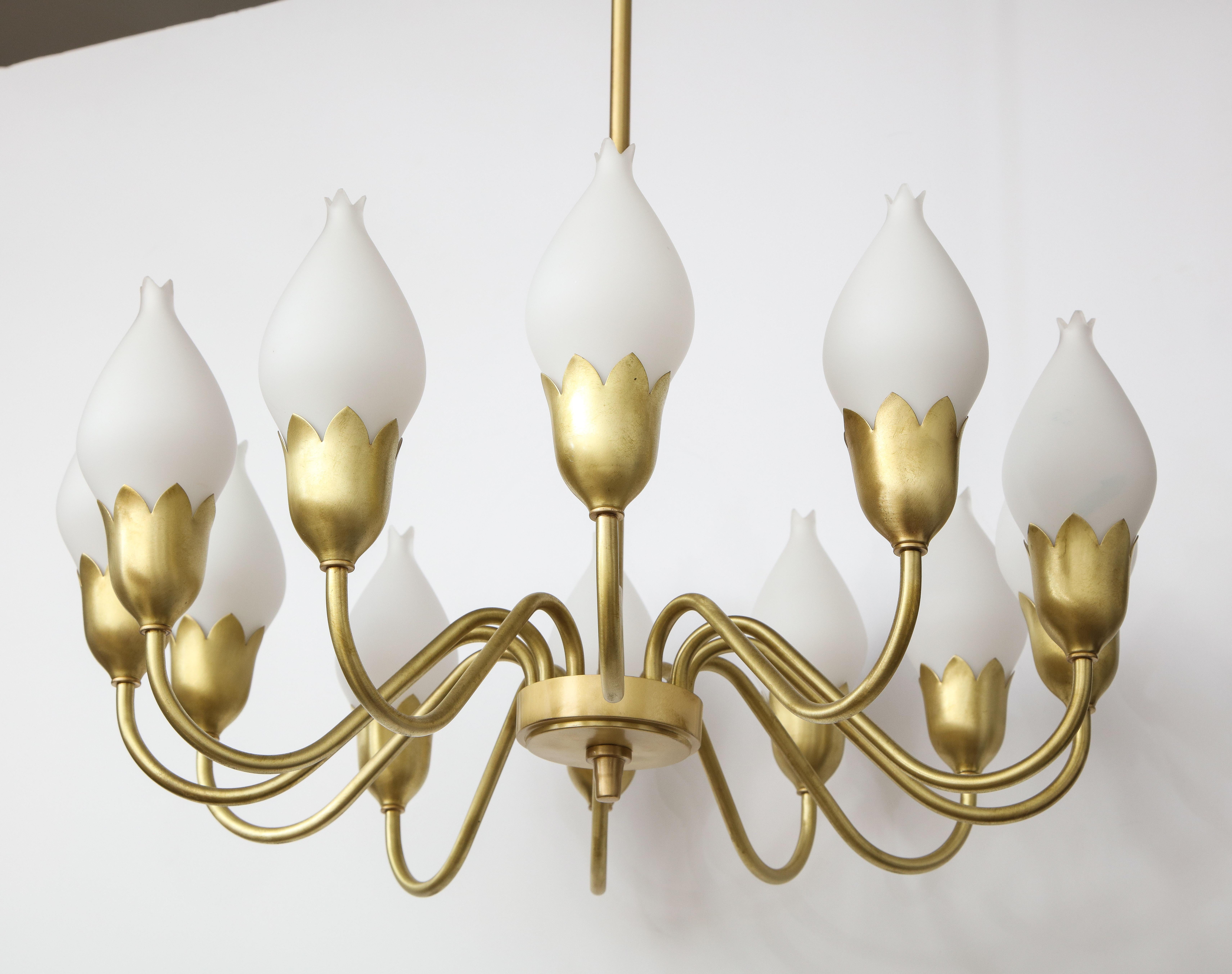 Fog & Morup 12-Arm Brass, Tulip Glass Chandelier In Good Condition For Sale In New York, NY