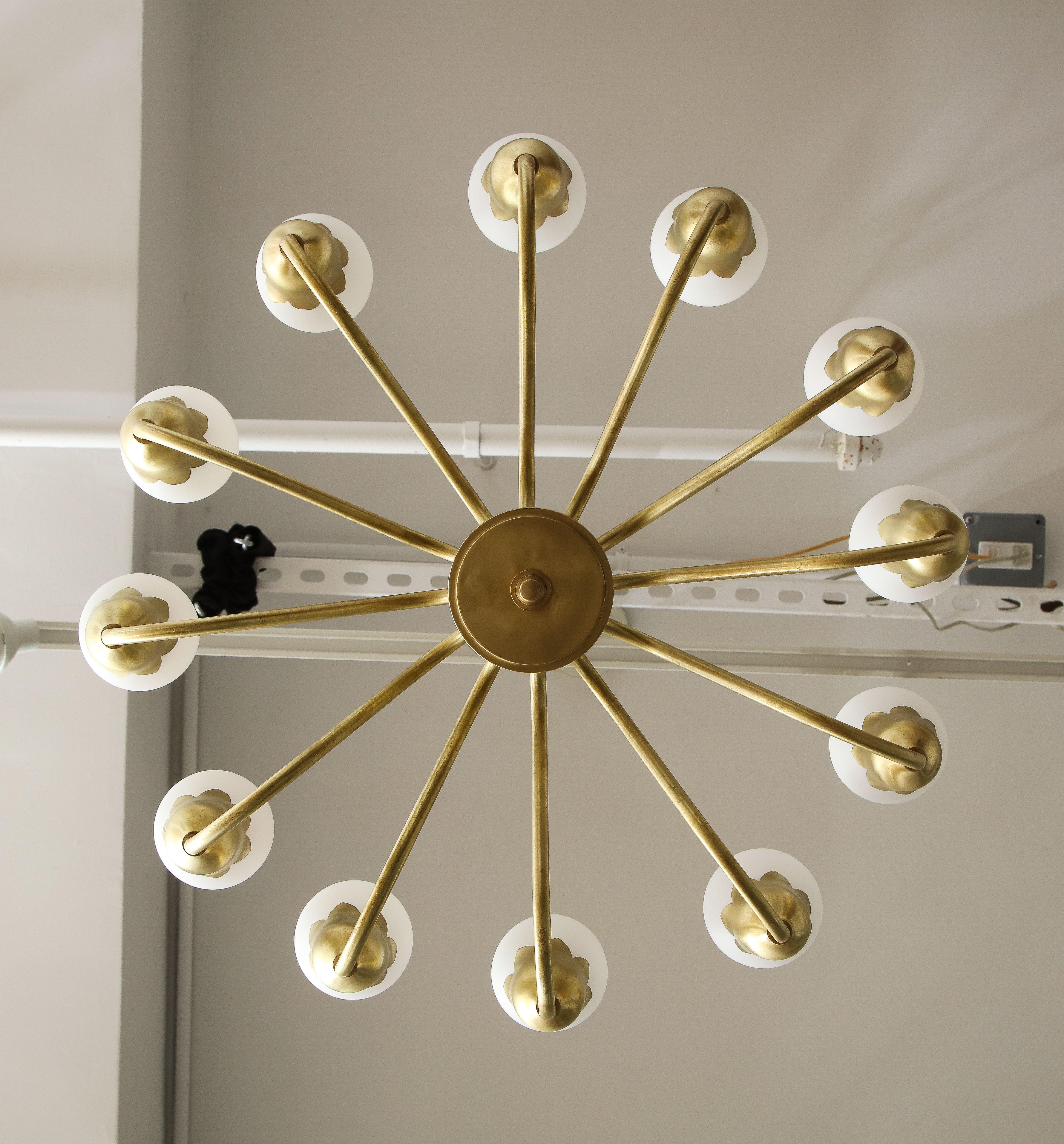 Fog & Morup 12-Arm Brass, Tulip Glass Chandelier In Good Condition For Sale In New York, NY