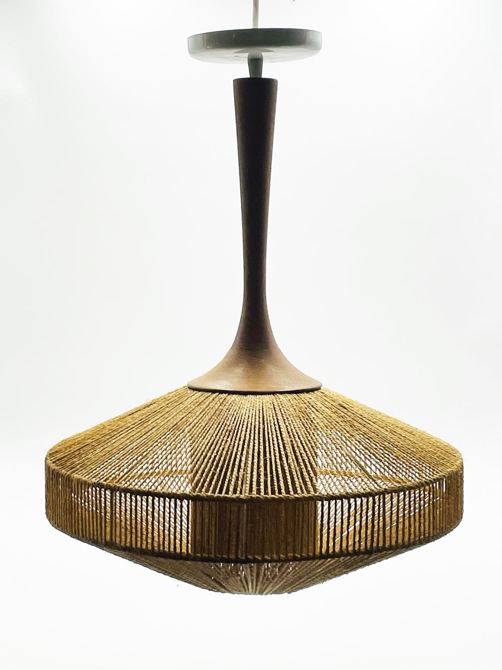Danish Fog & Morup Hanging Light with Teak Stem and Jute-Wrapped Shade