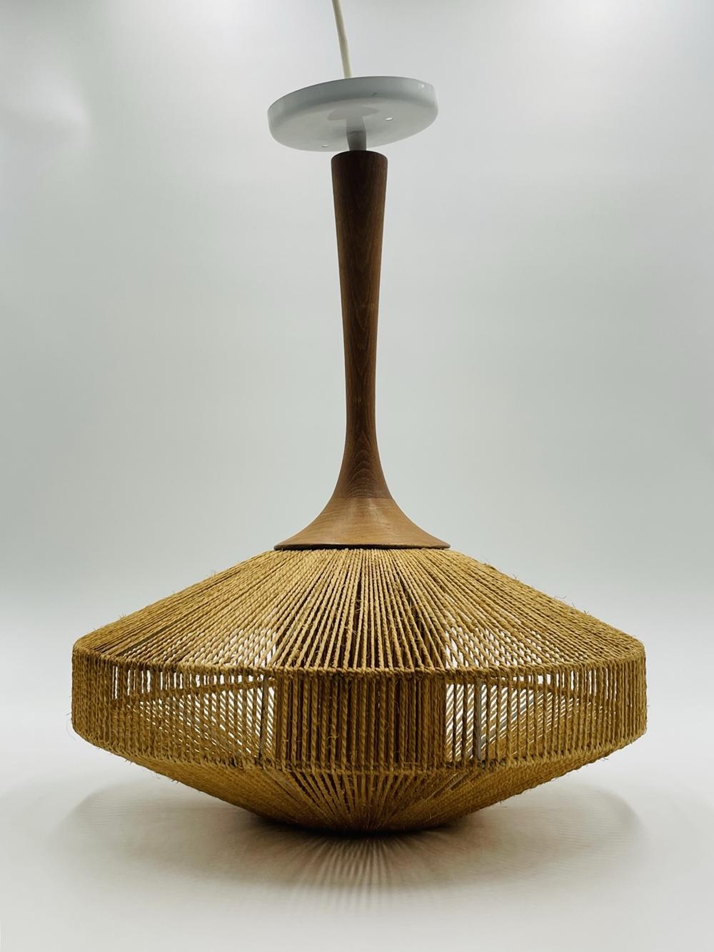 Fog & Morup Hanging Light with Teak Stem and Jute-Wrapped Shade 1