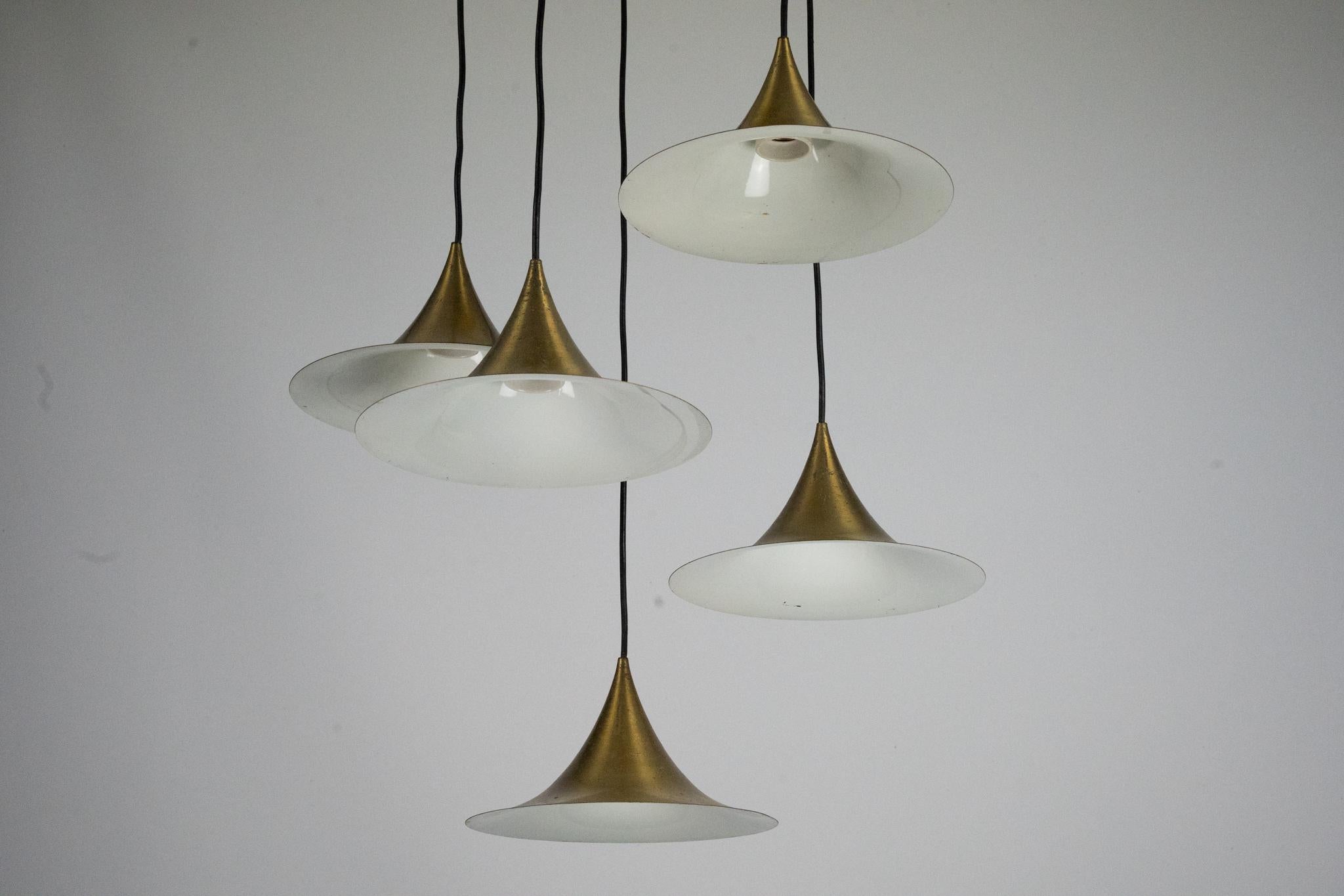 Danish Fog & Morup, Midcentury Brass Pendant with Five Pendant Drops. Danmark, 1960s For Sale