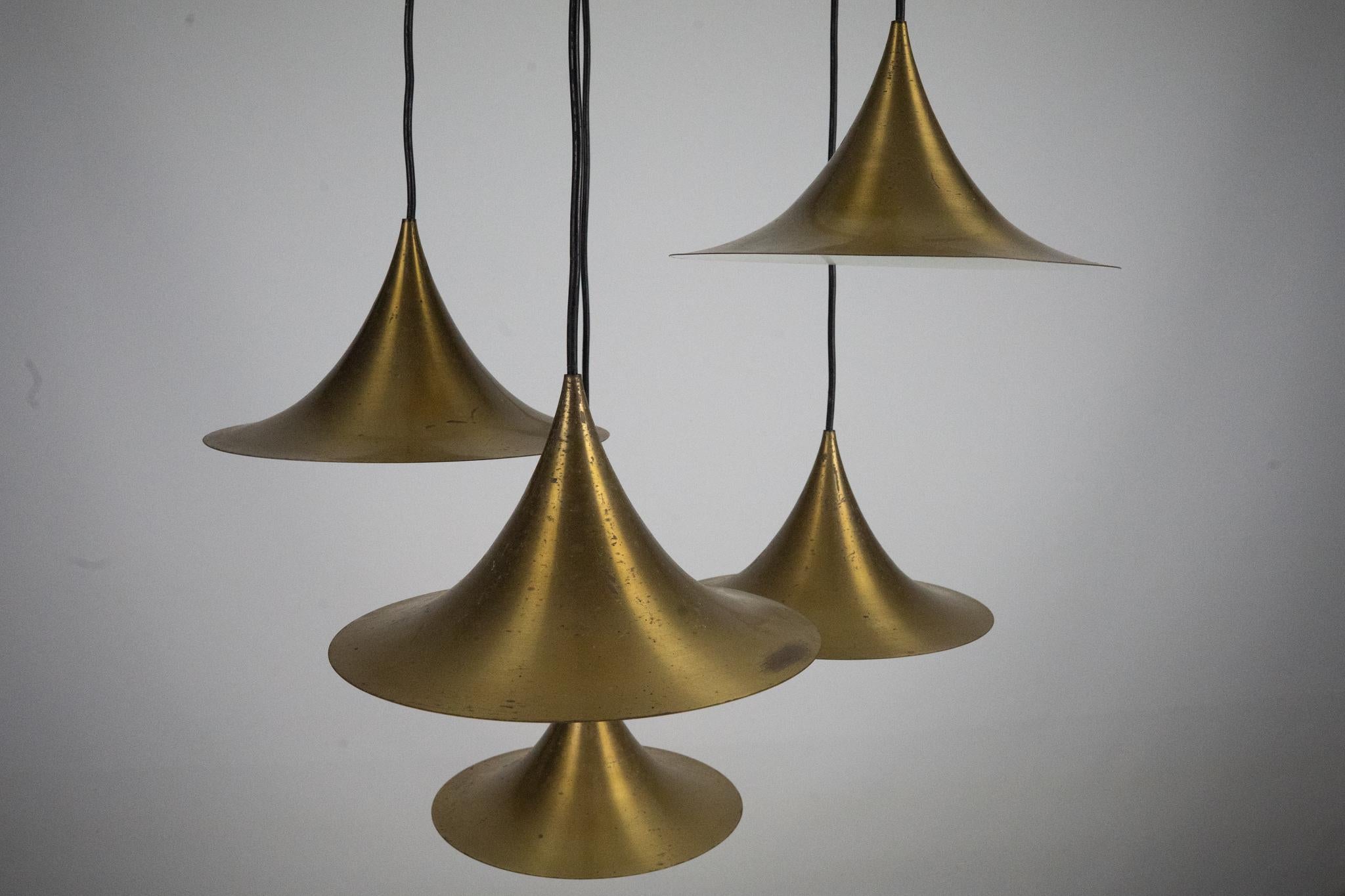 20th Century Fog & Morup, Midcentury Brass Pendant with Five Pendant Drops. Danmark, 1960s For Sale